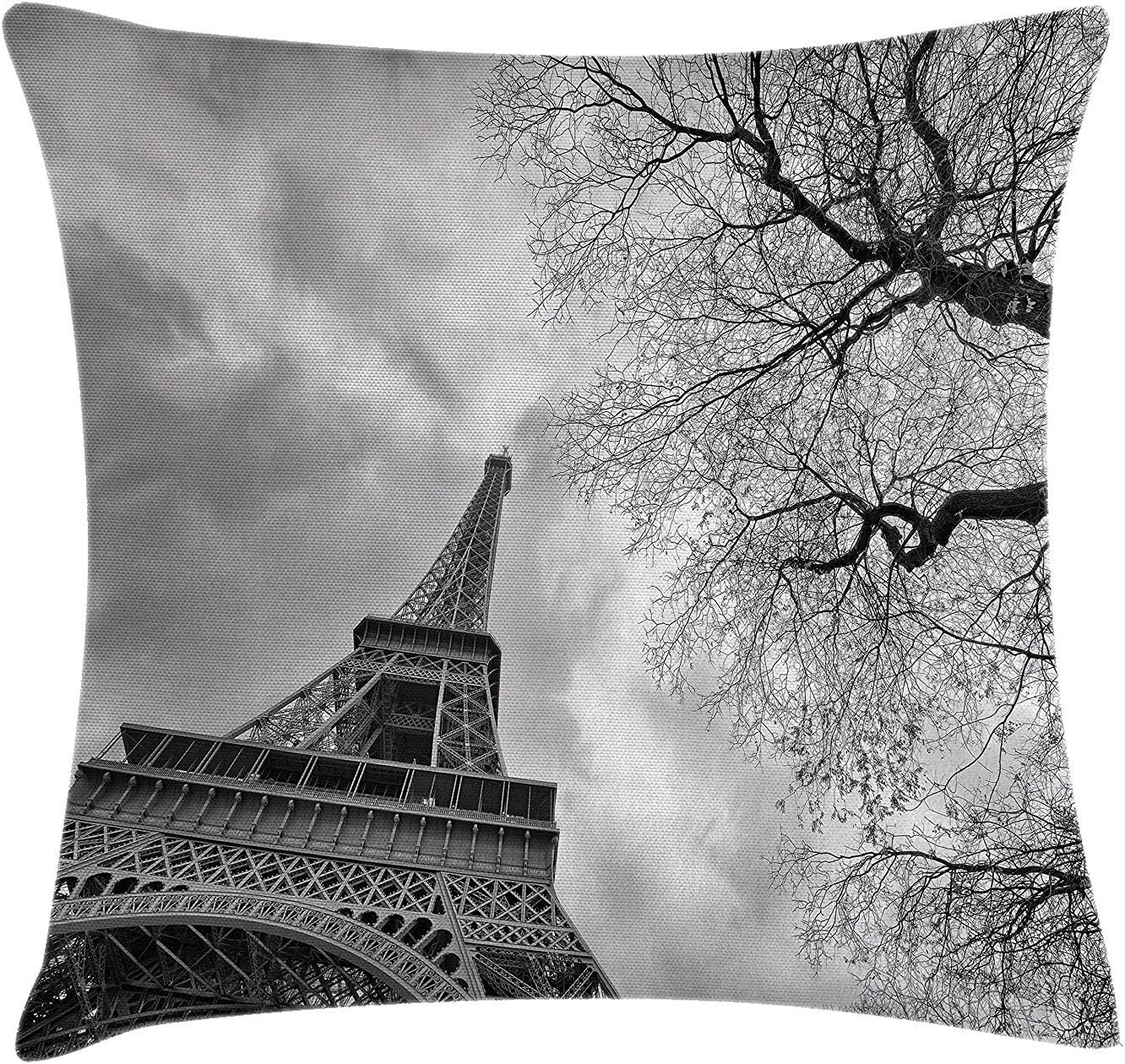 JIMSTRES Eiffel Tower Throw Pillow Cushion Cover, Eiffel Tower with Winter Tree Historical Architecture European Romantic Scene, Decorative Square Accent Pillow Case,Black White 18x18 inches