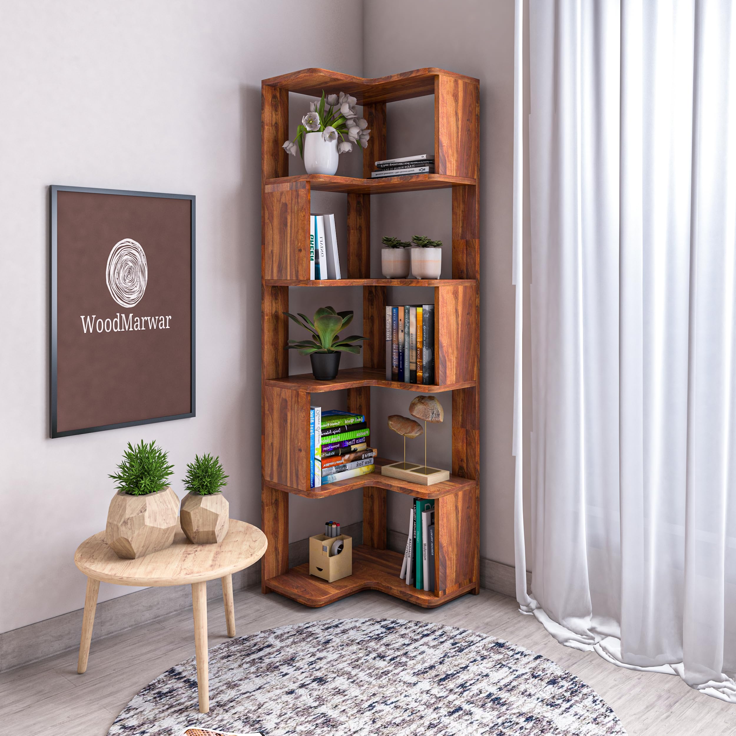 WoodMarwar Sheesham Wood Corner Bookshelf | Multipurpose Corner Book Shelf | Decorative Display Rack | 10 Open Shelves for Office | Corner Bookcase for Home Decor | Honey Finish