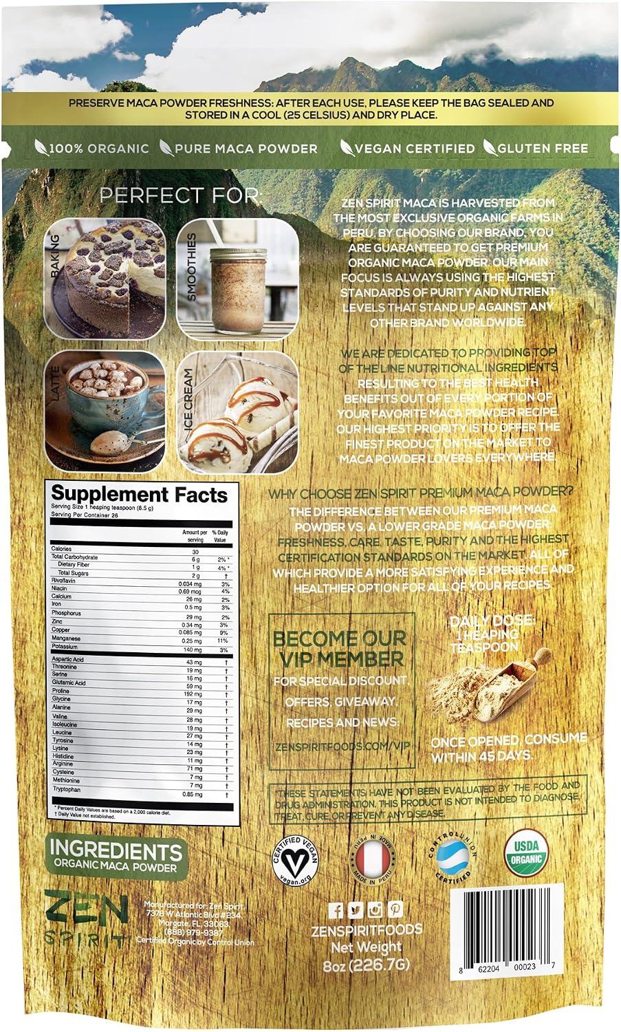 Zen Spirit Maca Root Powder Organic - Peruvian Root Premium Grade Superfood (Raw) - USDA & Vegan Certified - 226.7g (8oz) - Perfect for Breakfast, Smoothies, Baking & Ice Cream.