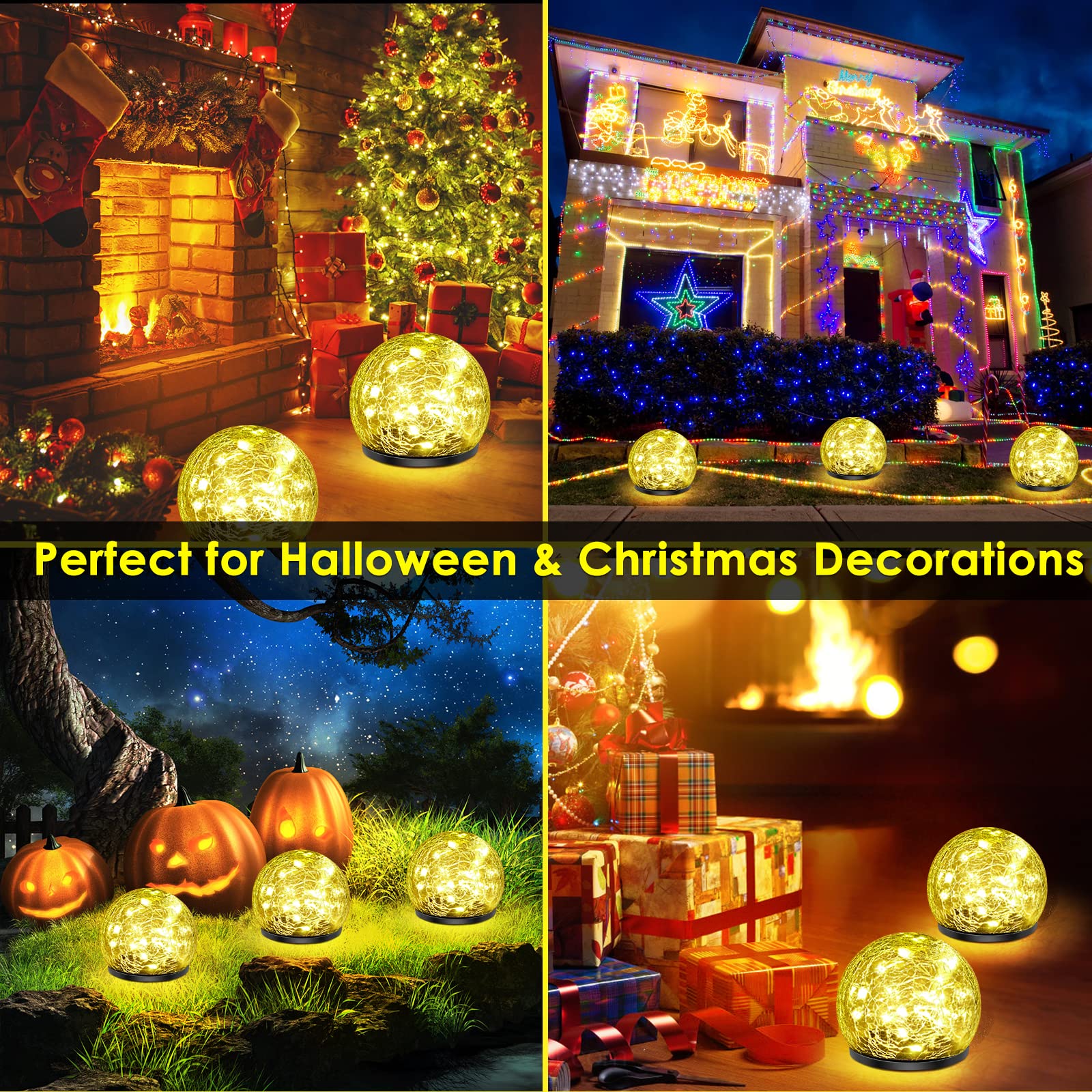Confezione da 2 50 luci solari a LED da giardino, decorazione per esterni, in vetro incrinato, impermeabili, luce bianca calda, per cortile, sentiero, patio, prato, Halloween, Natale,