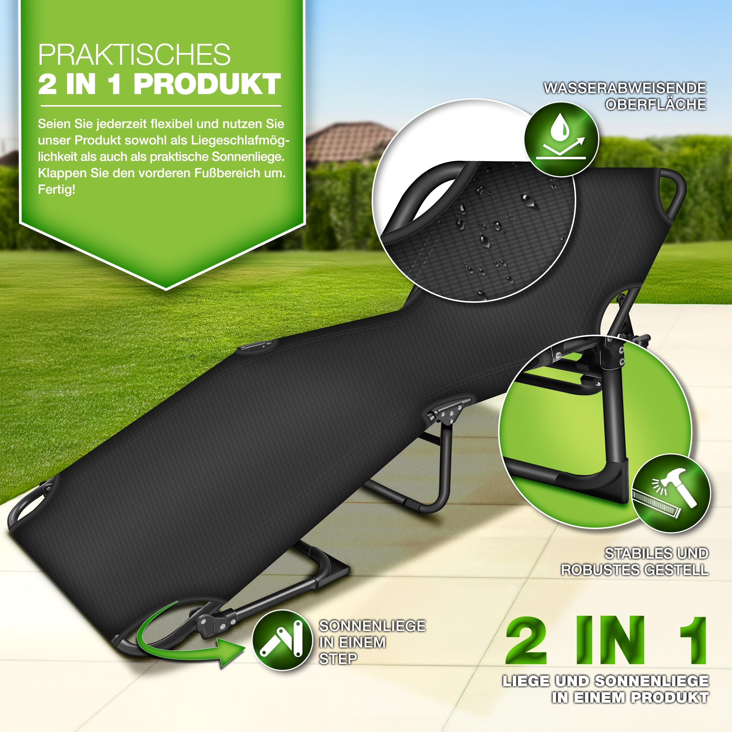 tillvex® Campingbett klappbar mit Nackenkissen & Seitentasche bis 280 kg | Campingliege Sonnenliege mit Polster | Feldbett Outdoor & Indoor | Klappbett Gästebett faltbar Garten Camping Festival Reise