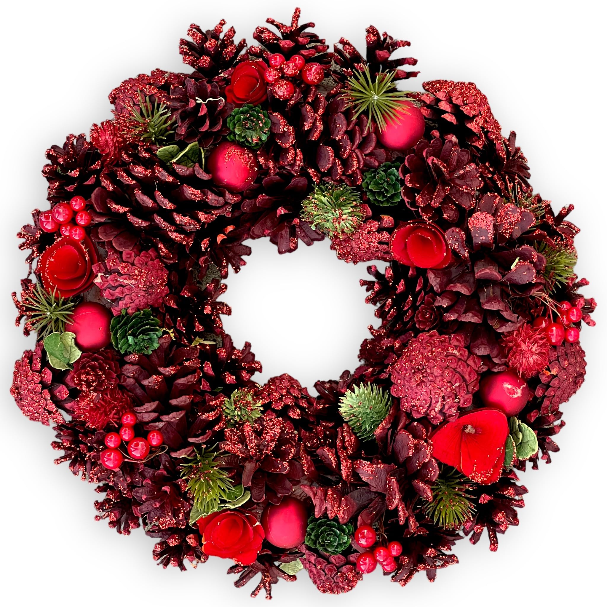 MIJOMA Corona de Navidad con piñas, bonita decoración invernal para pared y puerta, corona de Adviento hecha a mano con piñas, abeto artificial y bayas (rojo/verde)