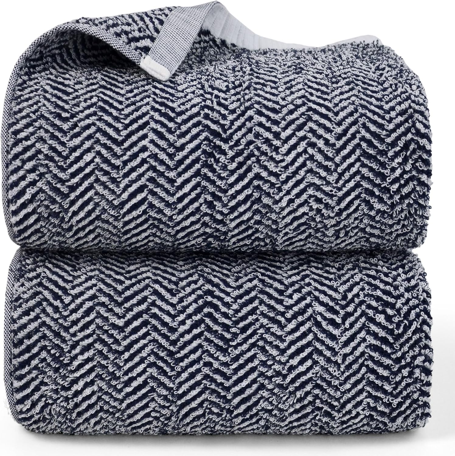 Cleanbear Bath Towels, Luxury 100% Cotton Bath Towels Set for Bathroom, 54 x 28 Inches Large Shower Towels with Herringbone Stripes, Navy Blue, 2 Pack