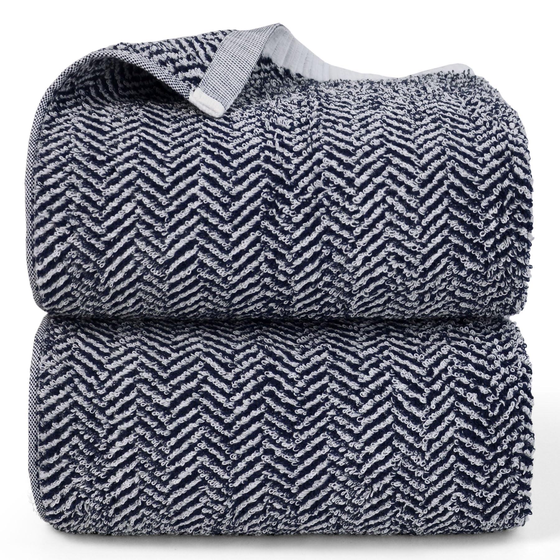 Cleanbear Bath Towels, Luxury 100% Cotton Bath Towels Set for Bathroom, 54 x 28 Inches Large Shower Towels with Herringbone Stripes, Navy Blue, 2 Pack