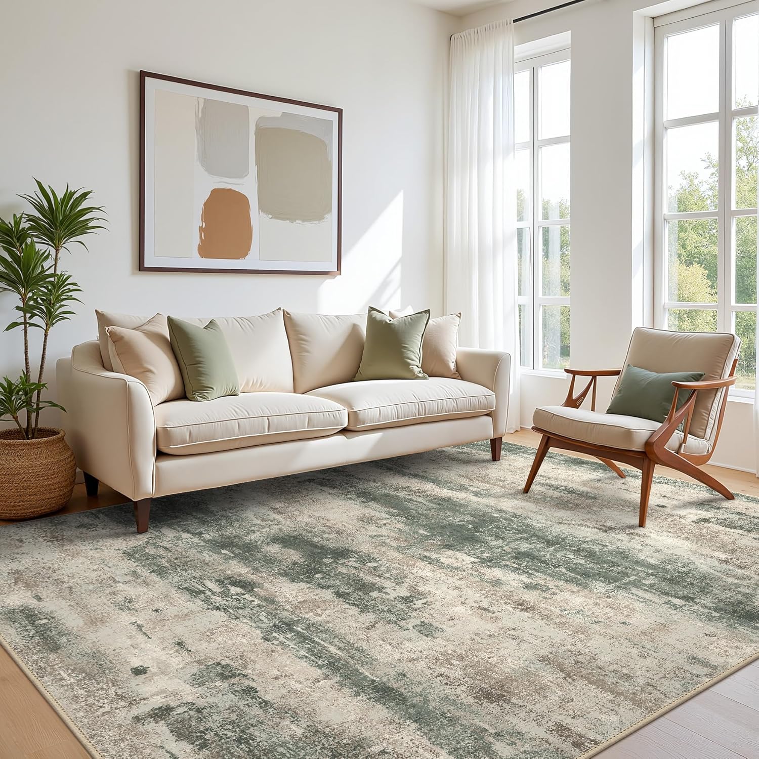 Area Rugs 10x12 for Living Room Bedroom, Modern Abstract Machine Washable Rug, Large Soft Low Pile Floor Cover with Non Slip Backing for Dining Room, Muted Green/Beige