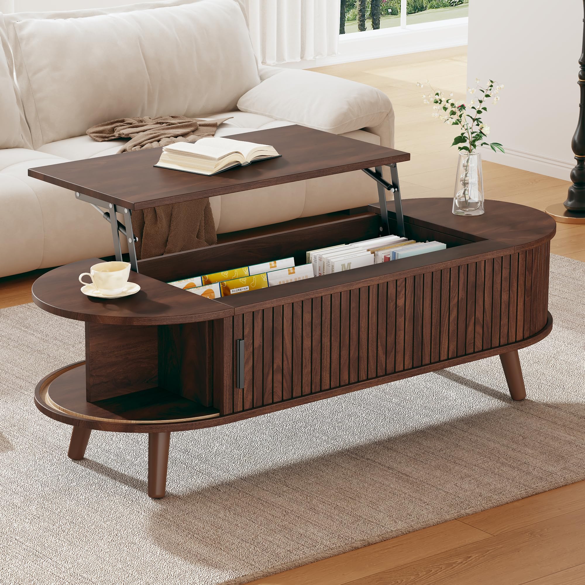 BTM Lift Up Oval Coffee Table with Hidden Storage, Centre Table, Lifting Sofa Side Table, Space-saving End Table for Living Room Bedroom, Reception, Tea Table, 120 x 50 x 39.5cm, Dark wood