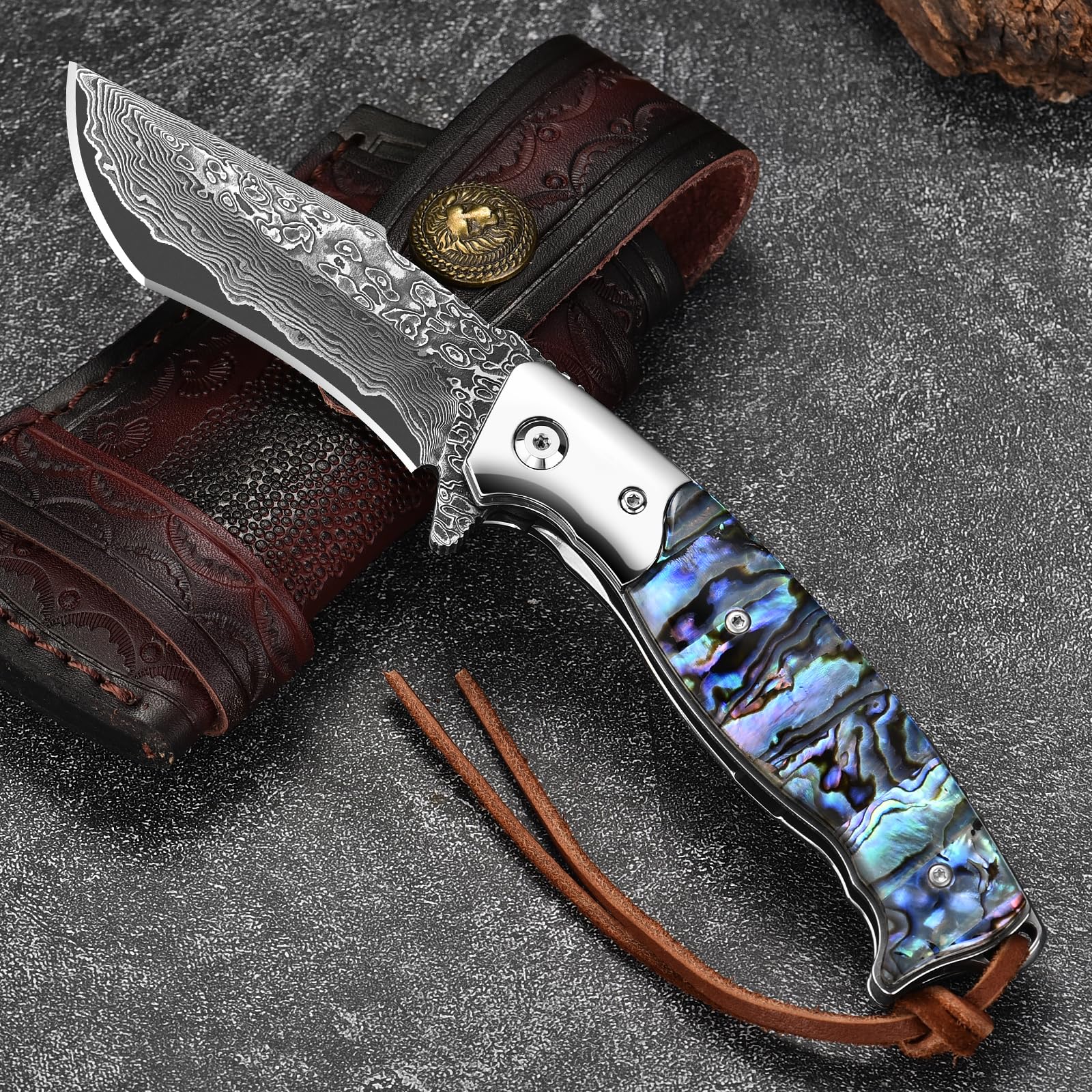 DRACHENADER Couteau Pliant Damas, Grand Couteau de Poche en Acier Damas, Manche en Coquille d’Ormeau, Étui en Cuir Véritable, Idéal comme Cadeau