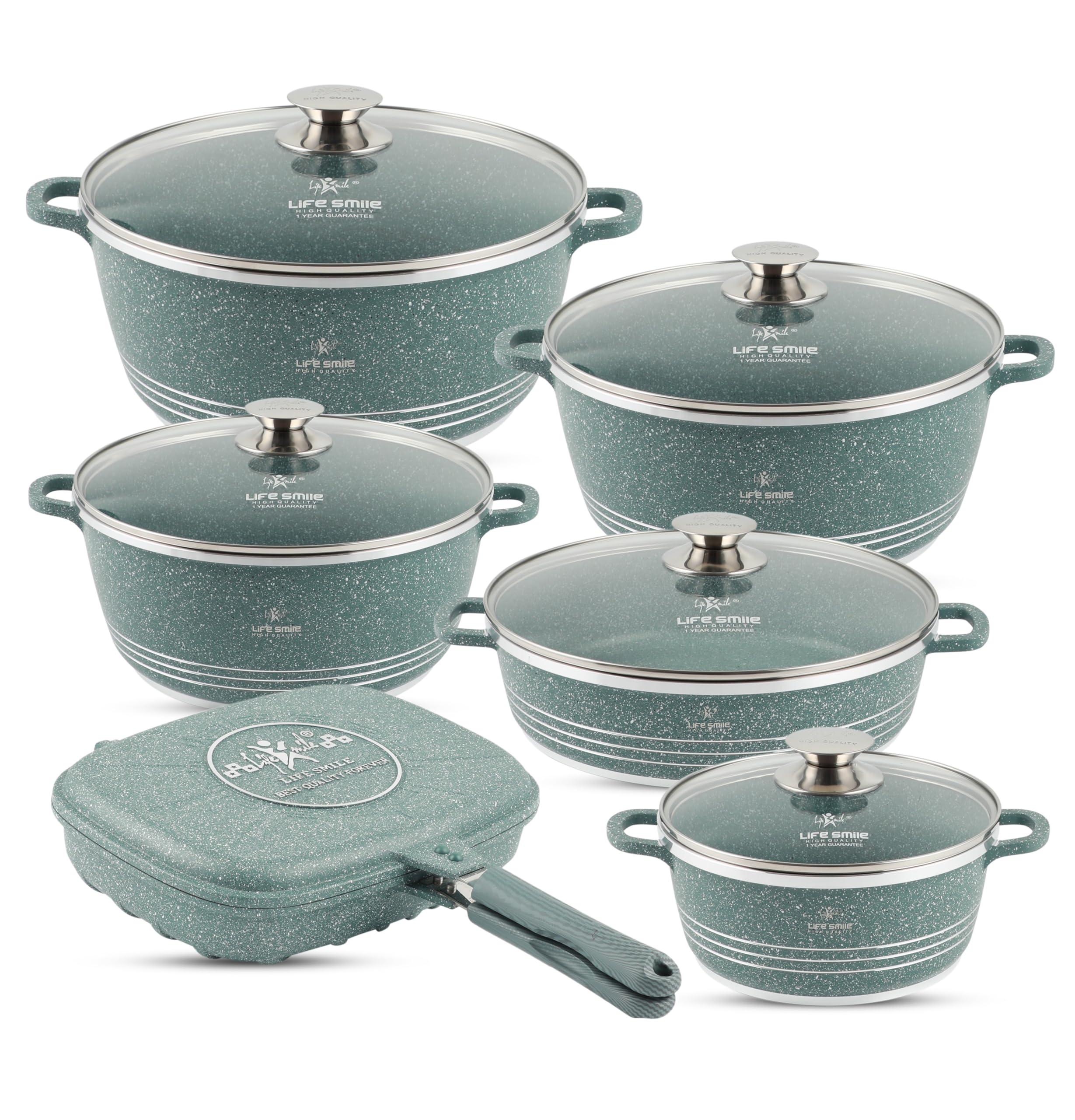 LIFE SMILE Cookware Set Granite Stone - Pots and Pans set Multi Layer Granite Non Stick Coating Cookware Sets 100% PFOA FREE, Oven Safe Cooking Sets (Green, 12 Pieces)