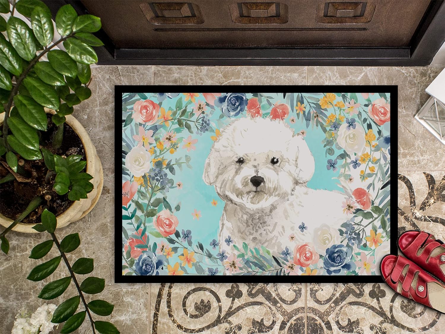 Caroline's Treasures CK3435MAT Bichon Frise Doormat 18x27 Front Door Mat Indoor Outdoor Rugs for Entryway, Non Slip Washable Low Pile, 18H X 27W