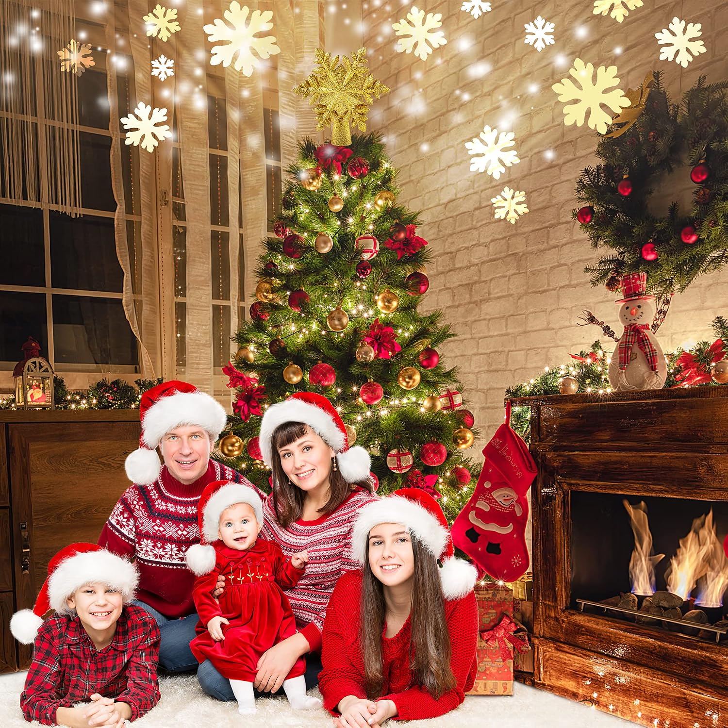 COOLWUFAN Christmas Tree Topper Lighted with LED Rotating Snowflake Projector Lights, 2-in-1 Gold Glittered 5 Point 9.8 Inch Star Tree Topper Snowfall Lights for Xmas Tree Decoration