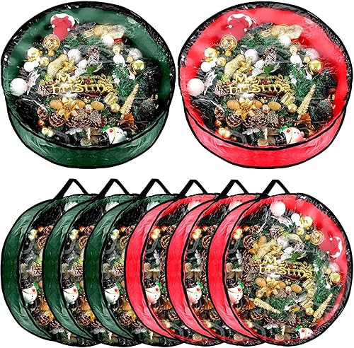 Dunzy 8 bolsas de almacenamiento para coronas de Navidad, contenedor de guirnalda para coronas, de tela resistente a desgarros, cajas redondas con