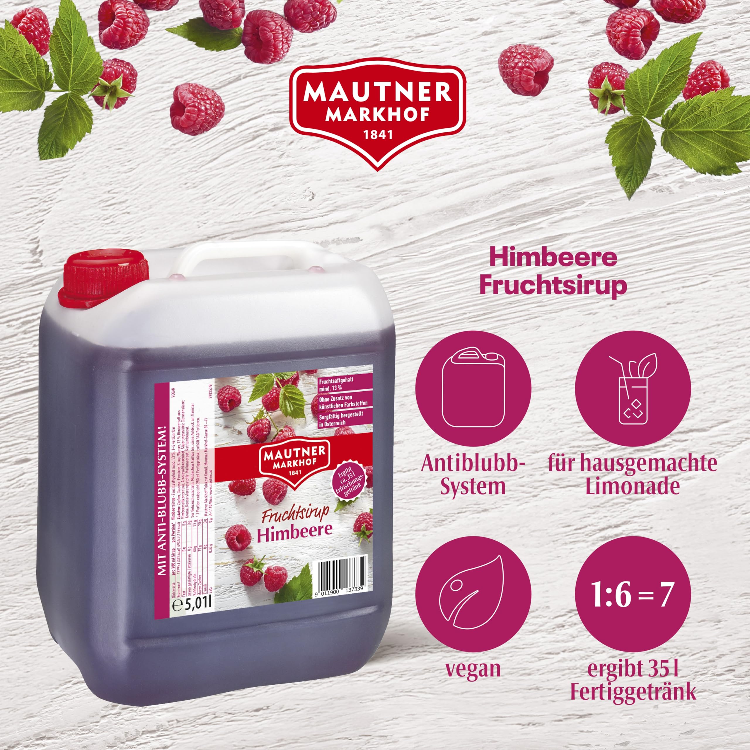 Mautner Markhof Syrop malinowy – 5 l butelka gastronomiczna – owocowy syrop do barów i gastronomii