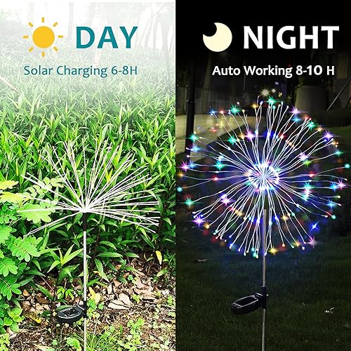 Vista 16 de JJGoo Luces solares de fuegos artificiales, paquete de 2 120 LED, 2 modos de iluminación, luces solares de jardín al aire libre, impermeables