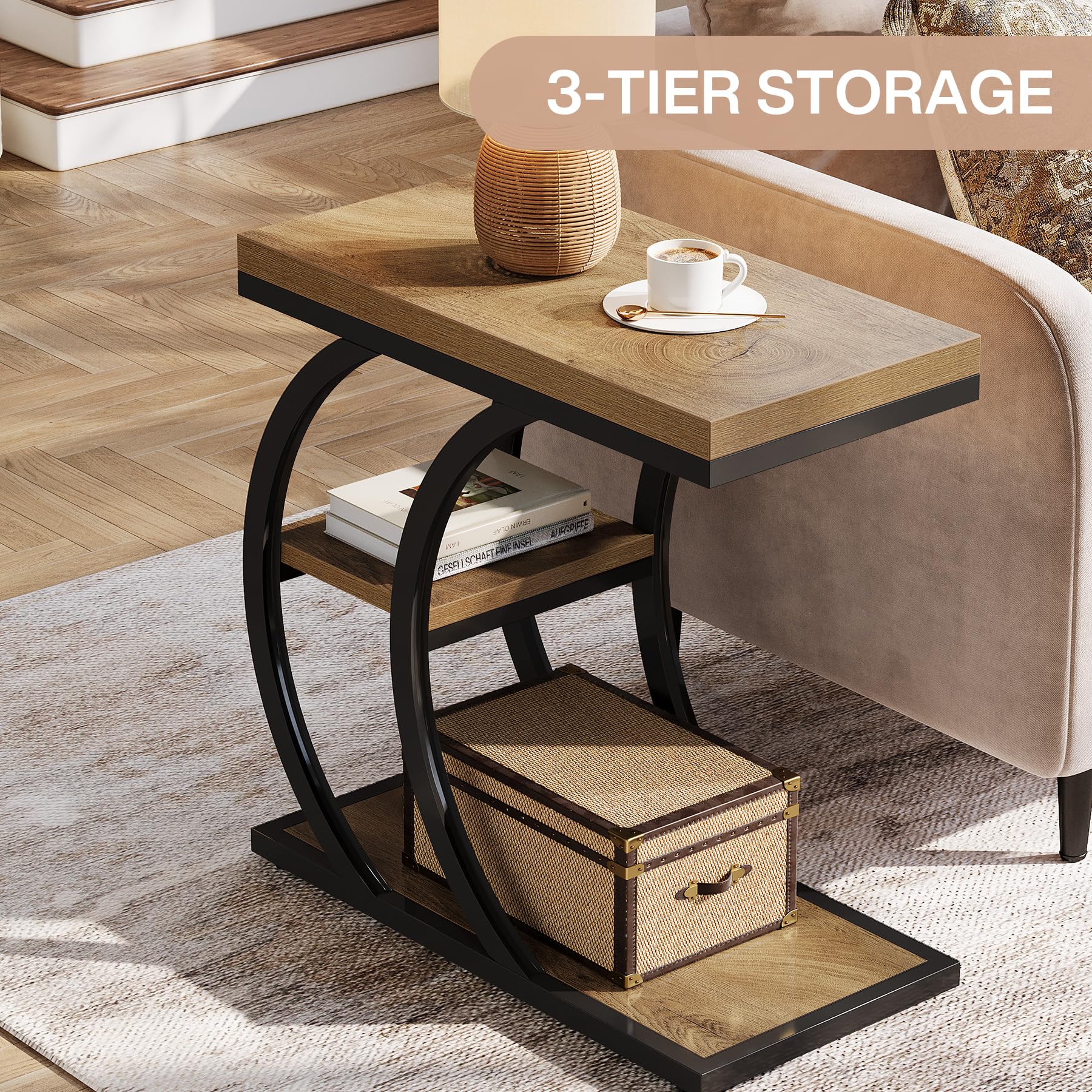 Tribesigns Tavolino Salotto a Forma di C, Tavolino Divano Stretto a 3 Livelli, Comodino Camera da Letto in Legno, Tavolino Piccolo Industriale per Soggiorno, Camera, Piccoli Spazi, Naturale