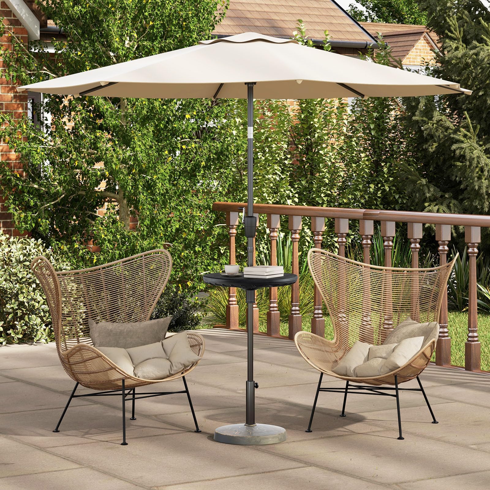 RELAX4LIFE Table de Parasol de Jardin Ronde Φ 50CM Hauteur Réglable Trou de Parasol 38 mm Plateau PE Imitation Grain de Bois Noir