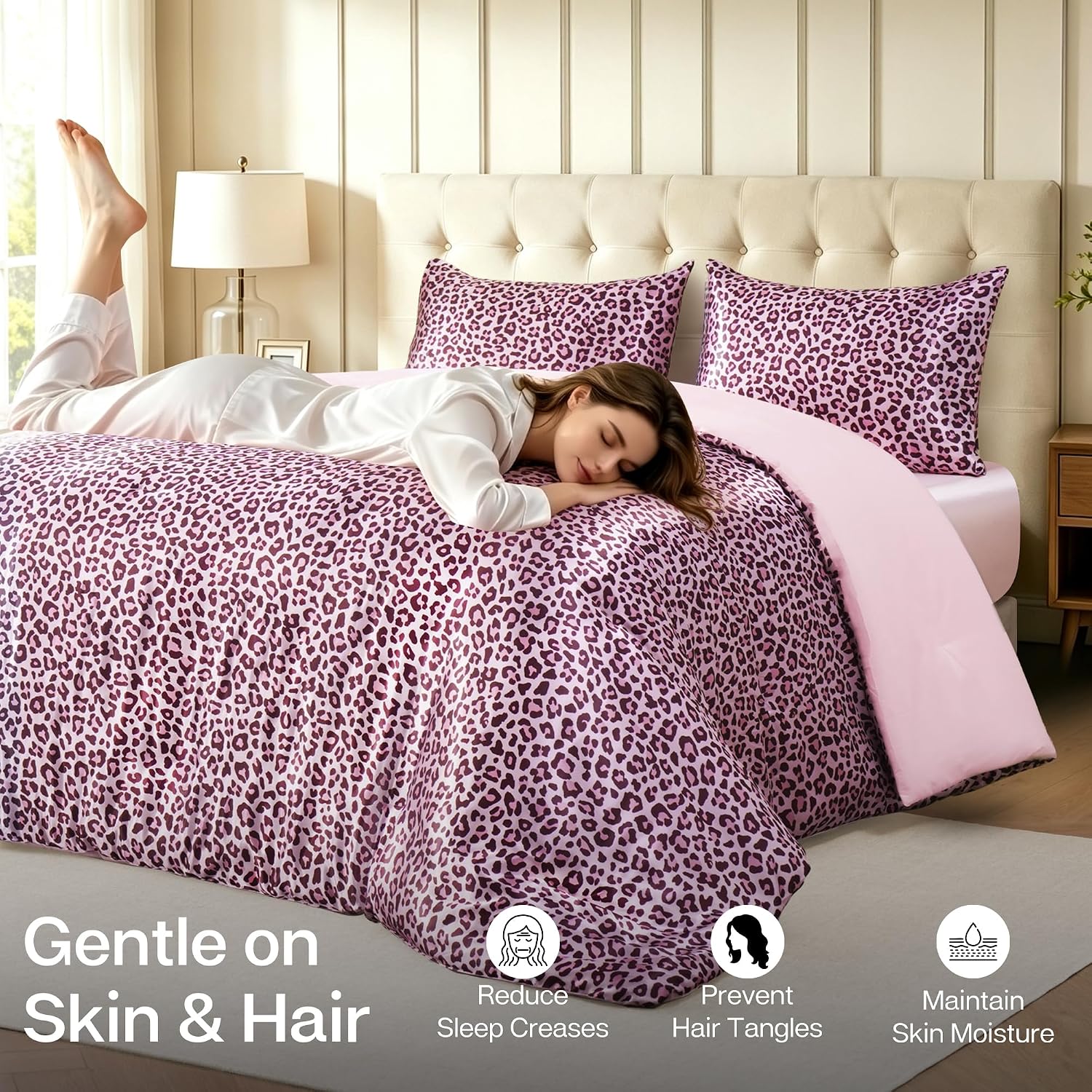 MR&HM Queen Comforter Set Pink Leopard, Reversible Satin Microfiber Comforter Set for All Seasons, 3 Pieces Non-Slip Silky Soft Bedding Sets with 1 Comforter (90"x90") and 2 Pillowcases (20"x26") image 3
