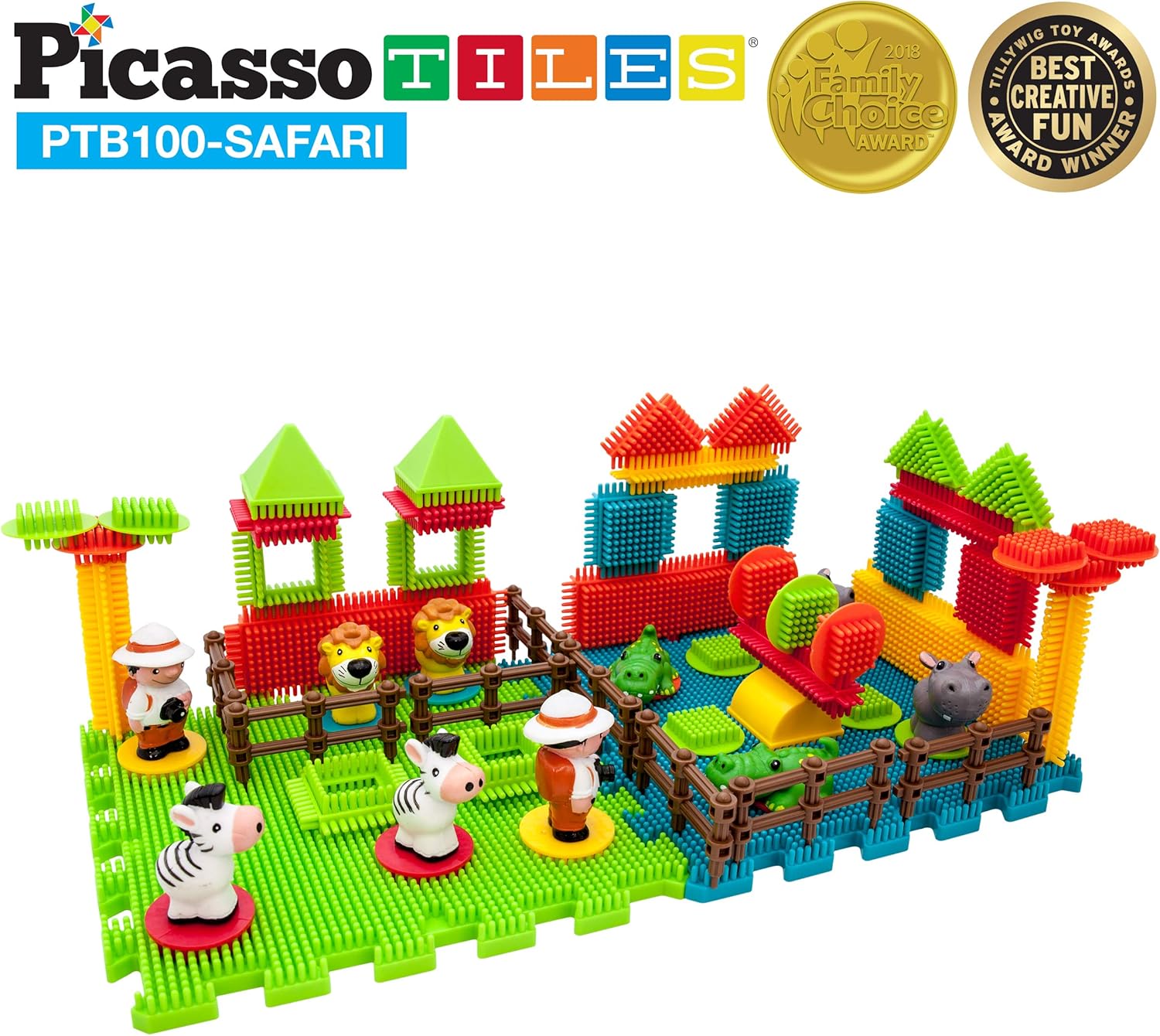 PicassoTiles Magnetic Puzzle Cube + Safari Theme Bristle Blocks, 0.5” Pixel 400 Piece Mix & Match Cubes Sensory Toys STEAM Education Learning Building Block, 100pcs Bristle Lock 3D Building Blocks