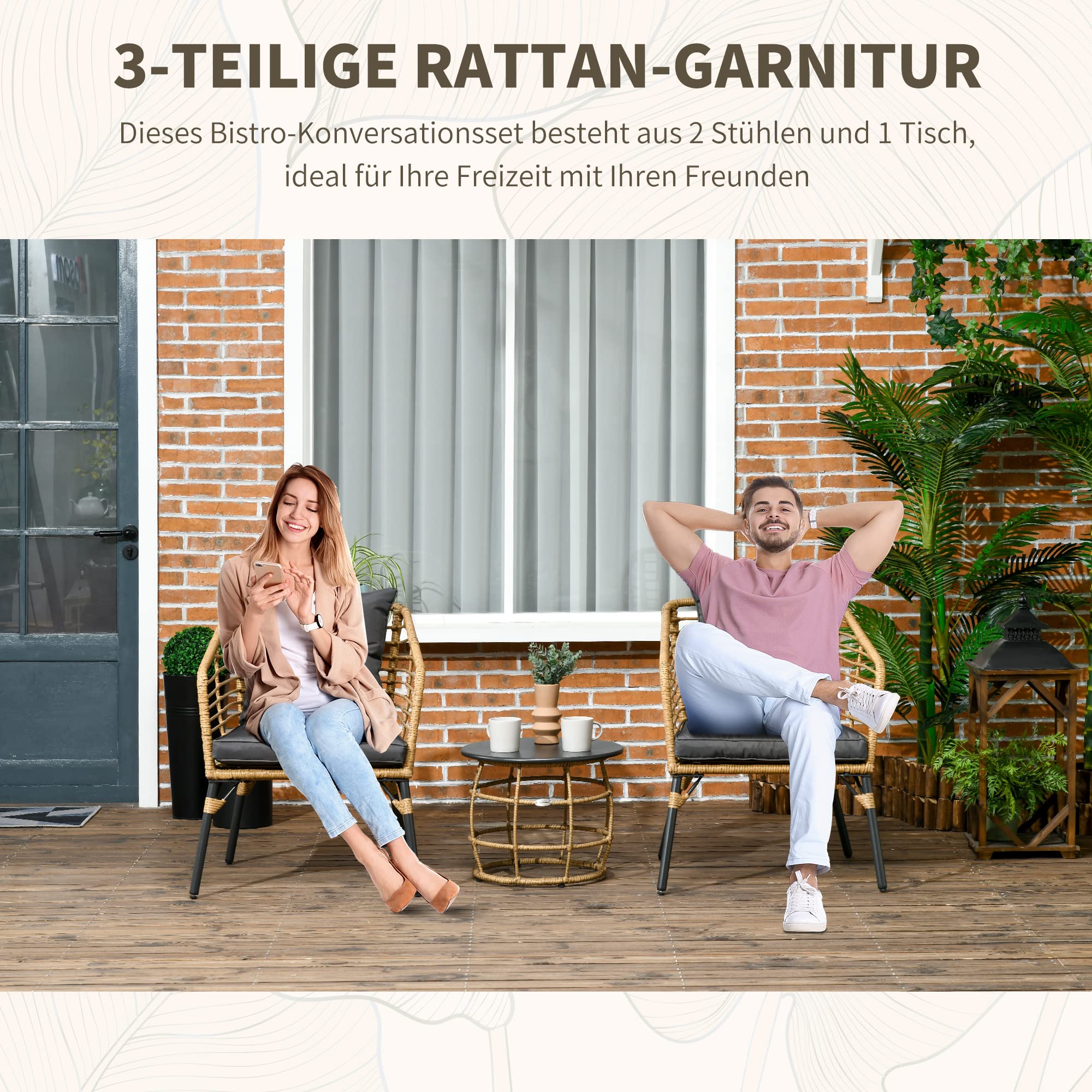 Outsunny Zestaw mebli ogrodowych z rattanu, 3-częściowy zestaw mebli do siedzenia, w zestawie stolik kawowy i 2 krzesła, zestaw bistro z poduszkami, meble balkonowe na taras, balkon, stal, piaskowy + ciemnoszary