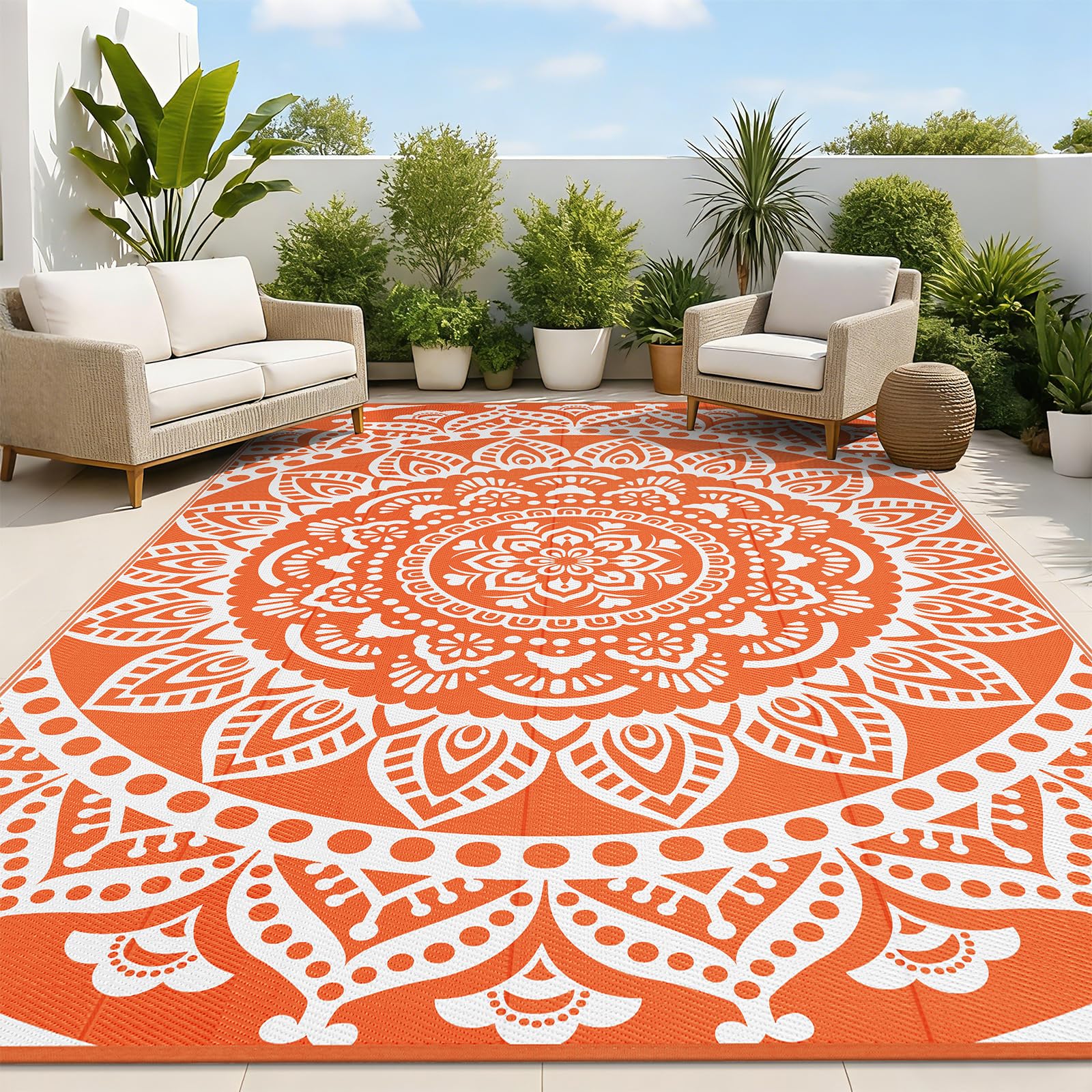 Bsmathom Waterproof Outdoor Rug 9x12ft Large Reversible Boho Plastic Straw Patio Deck Camping Rugs, Indoor Outdoor Portable RV Mat Carpet for Outside, Porch, Balcony, Backyard, Beach, Pool,Orange