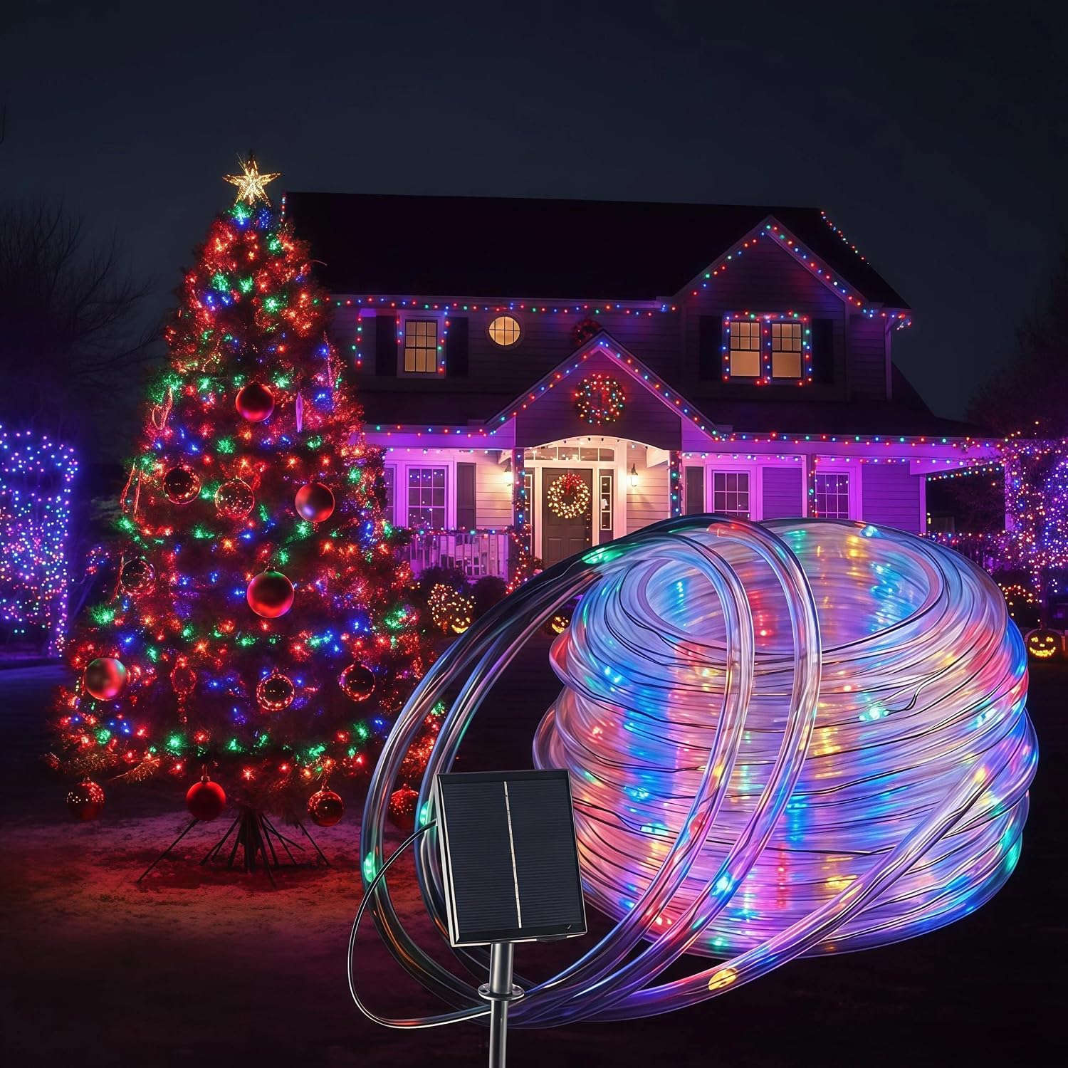 Solar Rope Lights Outdoor Waterproof 72FT 200LED Solar String Lights Christmas Decorations Outside for Garden Patio Yard Trees Path Fence IP65 Solar Powered Tube Fairy Lighting Multicolor