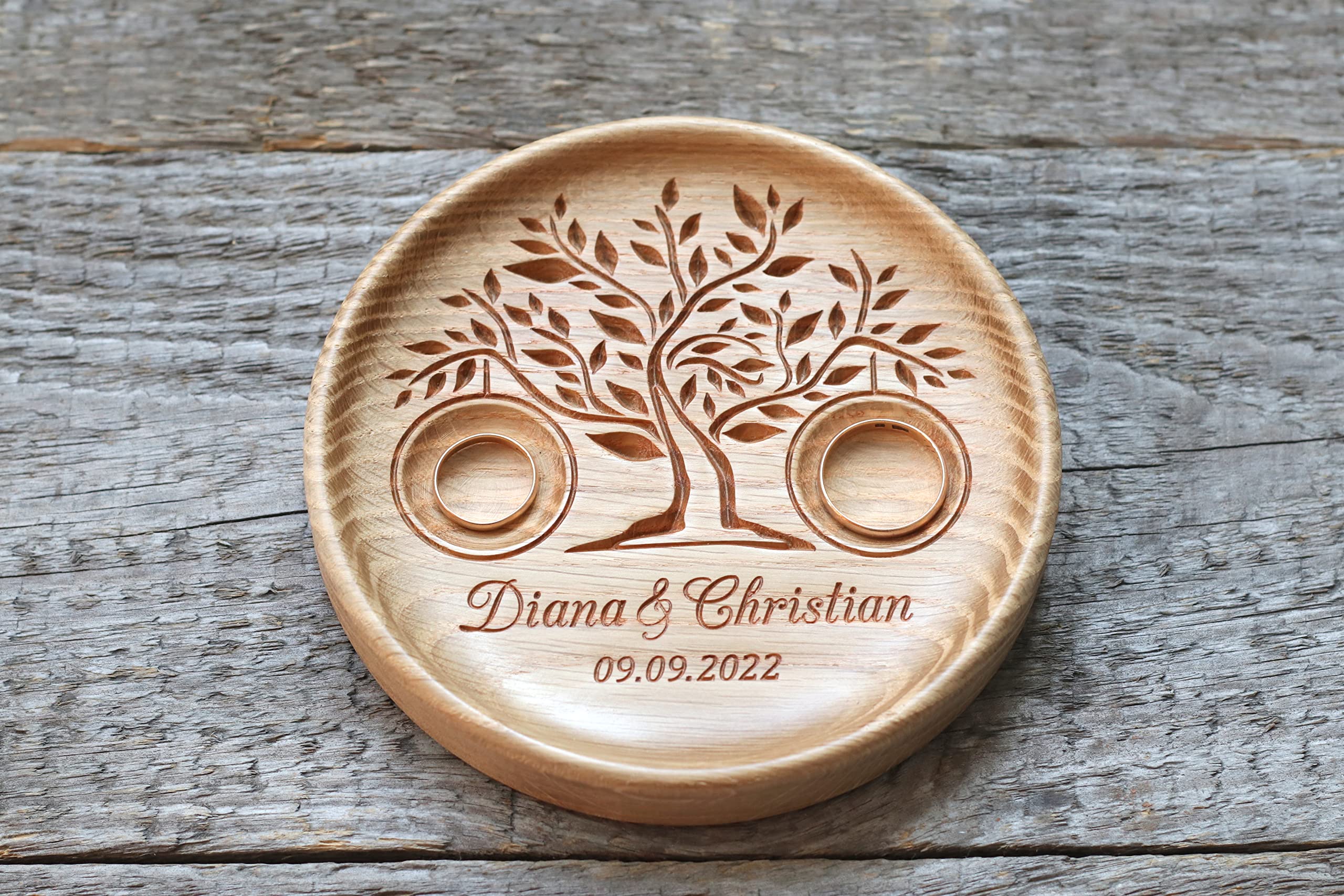 Coussin porte alliance en bois, Boîte de bague de mariage alternative gravés avec les noms et date, cadeau anniversaire mariage, Arbre De La Vie, Tree of Life.