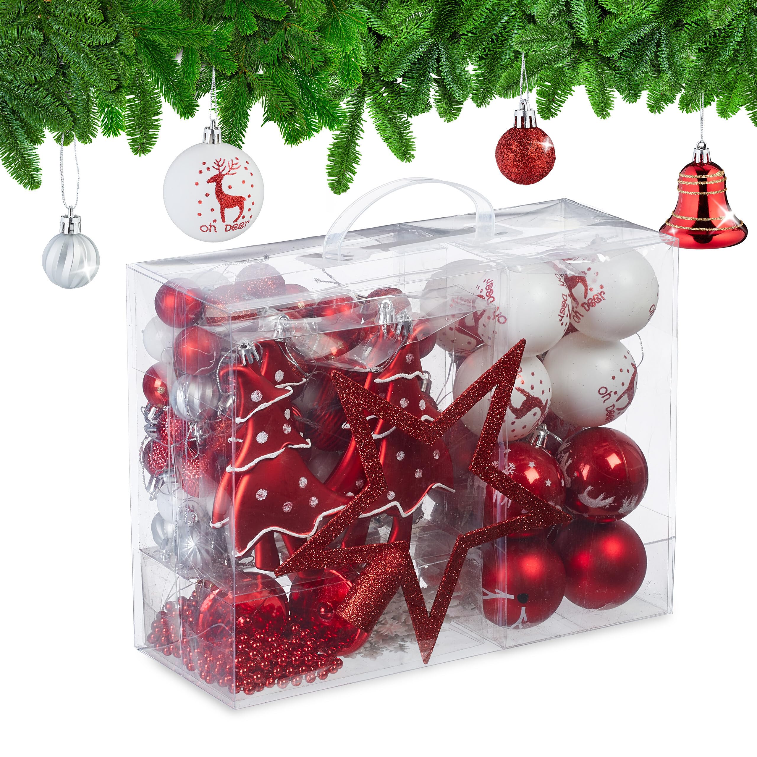 Relaxdays Bolas Árbol Navidad, 103 Adornos Navideños, Estrella Coronación, Guirnalda Perlas, Plástico, Rojo/​Blanco