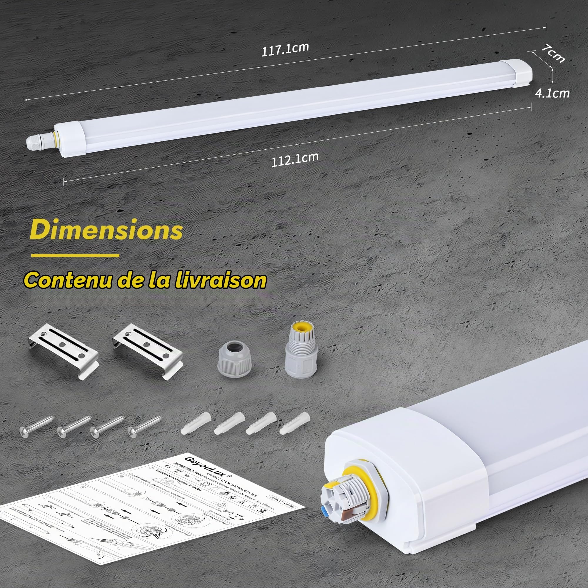 GeyouLux Réglette LED 120 cm, 40W 5040 lm 5000K Blanc Froid IP65 Étanche, Neon LED garage avec fil de terre, 192 LEDs sans scintillement, Tube plafonnier pour garage atelier cave, Blanc