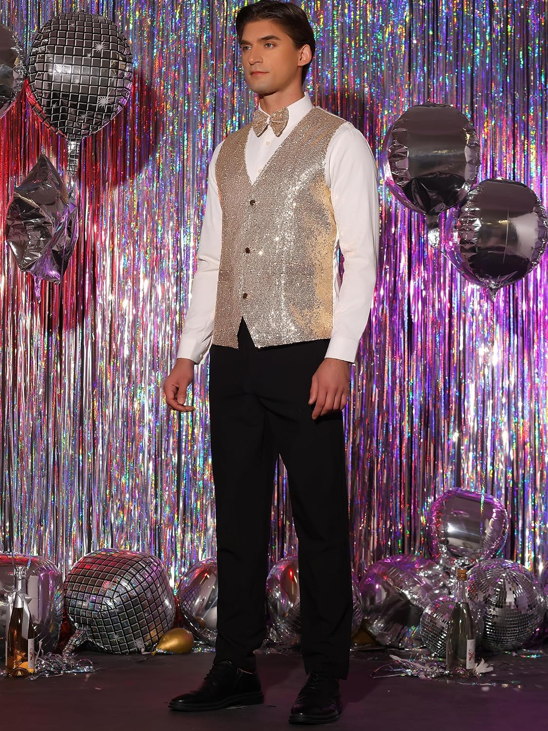 Lars Amadeus Men's Sequin Shiny Slim Fit Vest Sleeveless Suit Waistcoat Set with Bow Tie