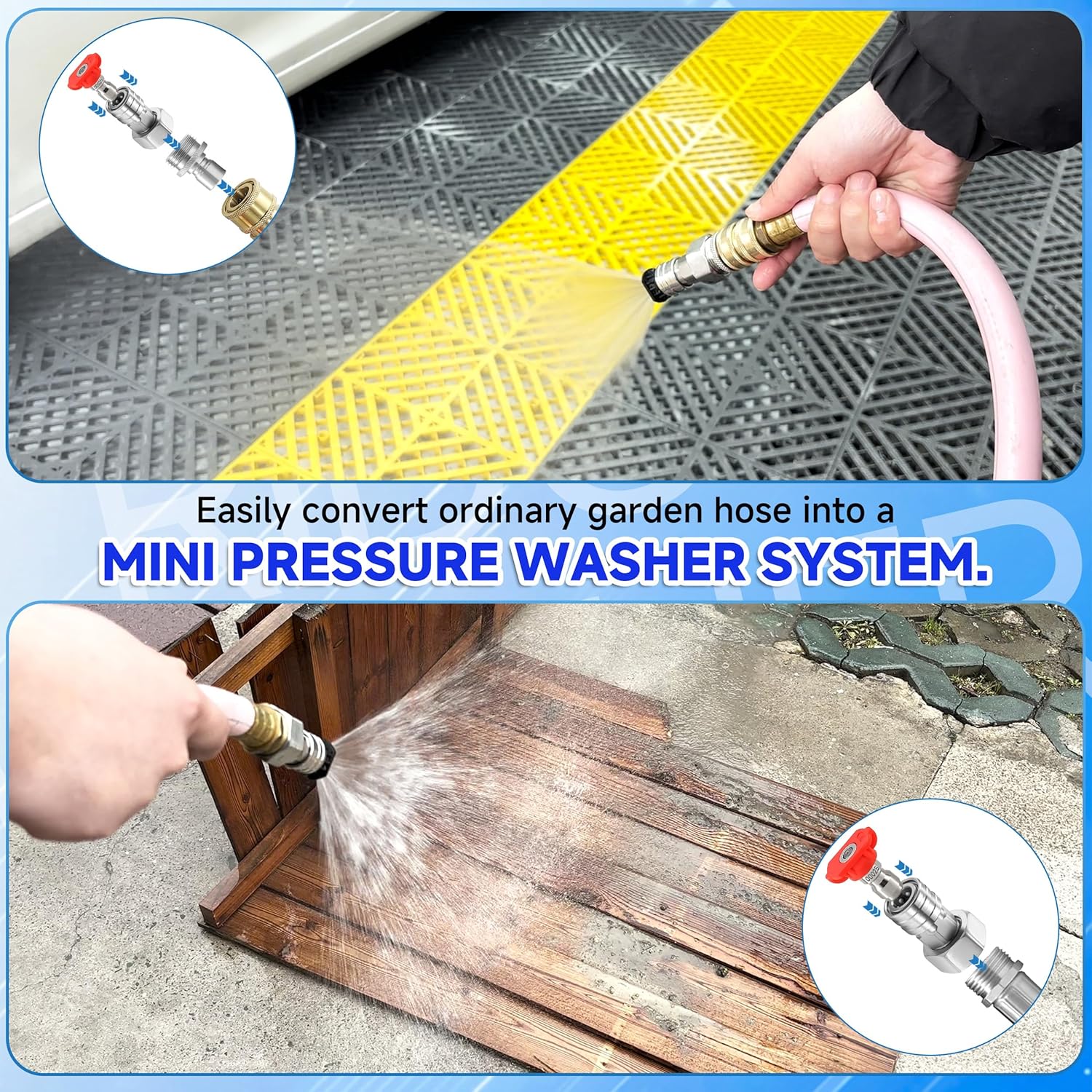 RIDGE WASHER Garden Hose to Pressure Washer Adapter, 3/4” GHT to 1/4” Stainless Steel Quick Connect, 3/4” GHT Male to 1/2” Quick Plug, Convert Water Hoses to Power Washer Connector