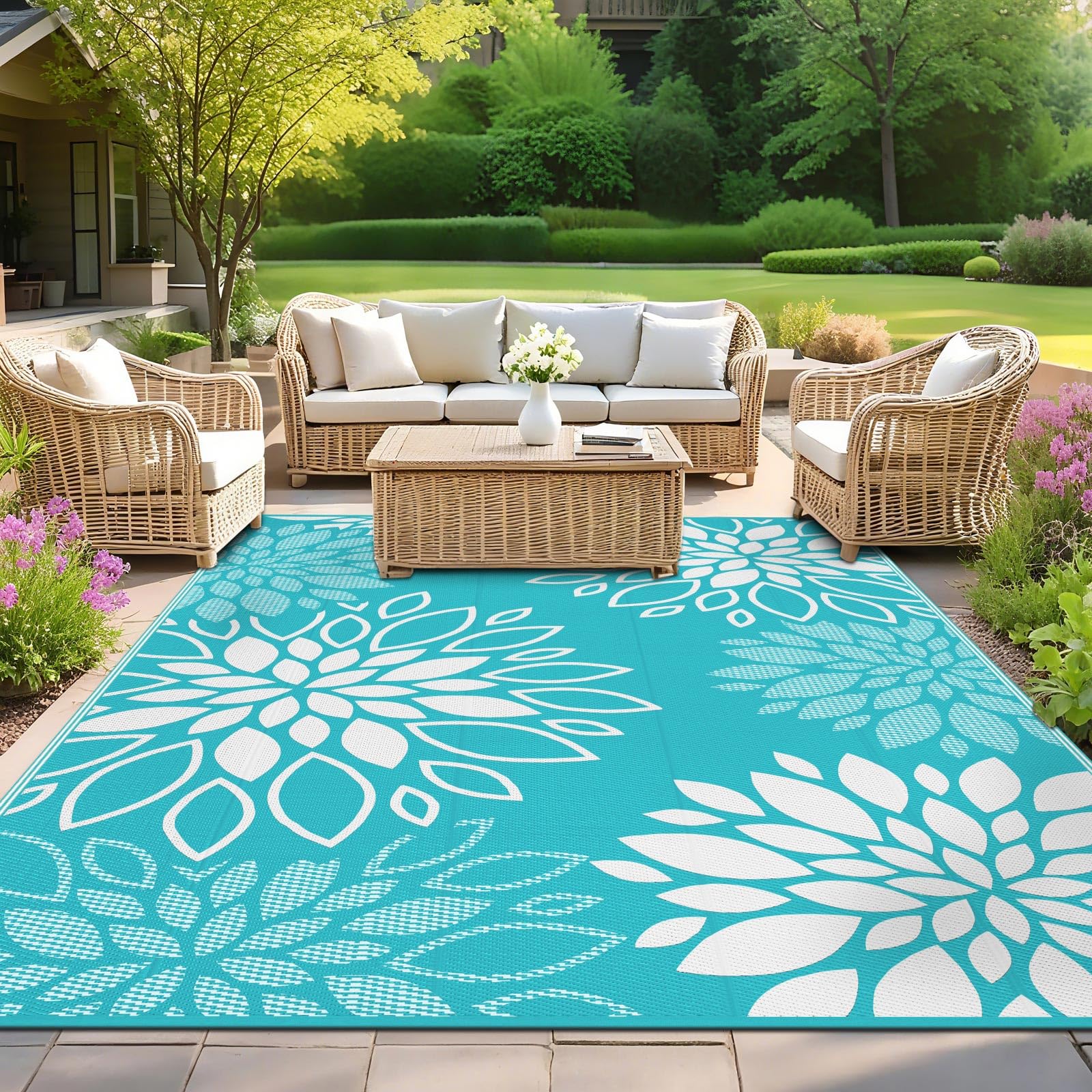 SHACOS Outdoor Rug 150 x 240 cm Large Reversible, Garden Rugs Waterproof Patio UV Resistant Lightweight, Plastic Straw Outdoor Mat for Patio Balcony Camping Backyard Beach, Flower, Blue Green — image 1
