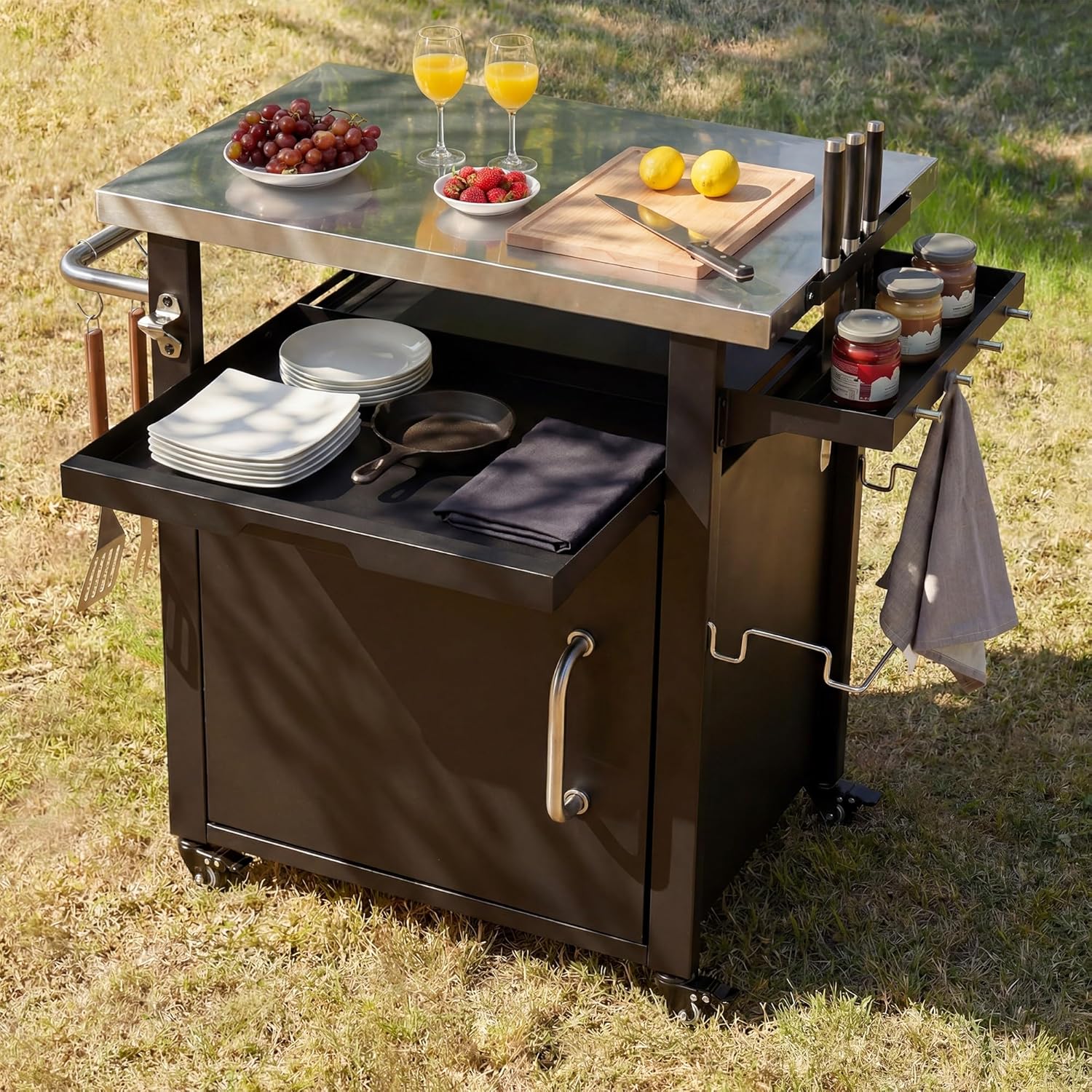 Outdoor Grill Cart with Storage Cabinet, Outdoor Bar Cart Pizza Oven Table with Wheels and Stainless Steel Top, Outdoor Kitchen Island with Spice and Paper Rack for BBQ, Deck, Backyard (Black)
