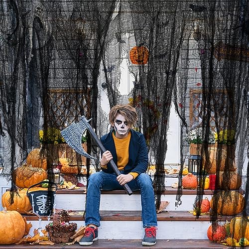 Miniatura 7 de Watayo Tela espeluznante negra de Halloween de 500 x 39 pulgadas, tela espeluznante de Halloween, cubierta de puertas de ventanas, paños de gasa