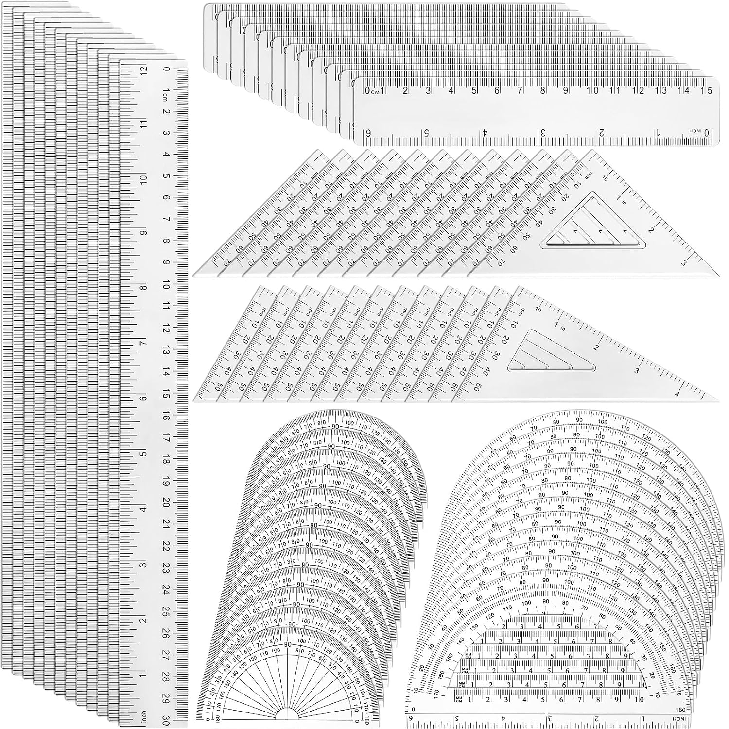 Plastic Clear Ruler Math Set Includes Protractor, Triangle Rulers,12