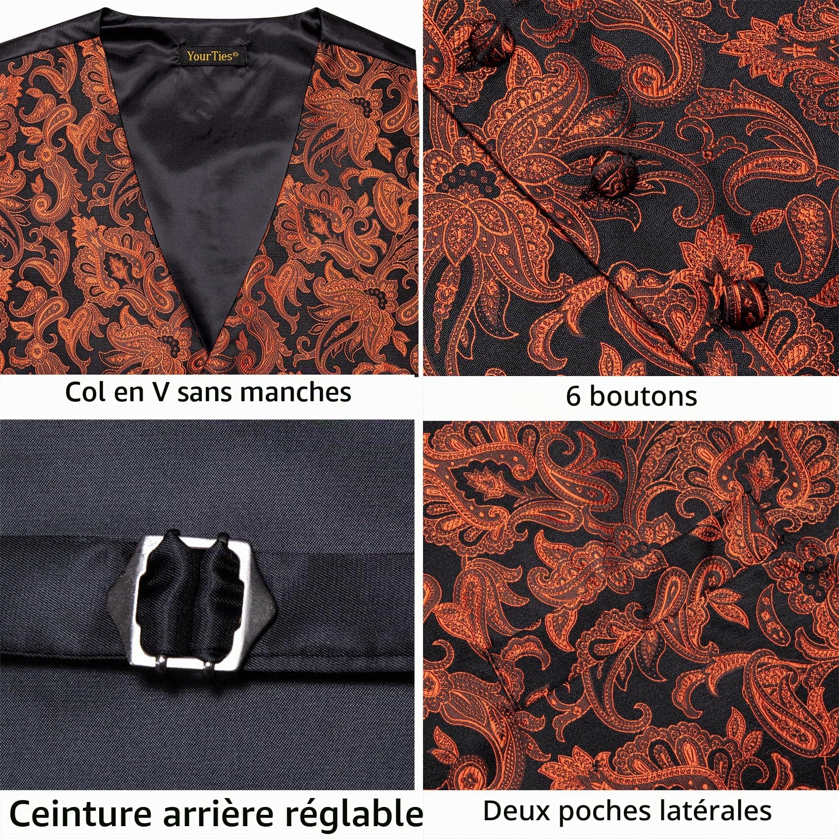 YourTies Gilet pour homme en soie jacquard floral cachemire gilet cravate poche carré boutons de manchette pince à cravate mariage formel