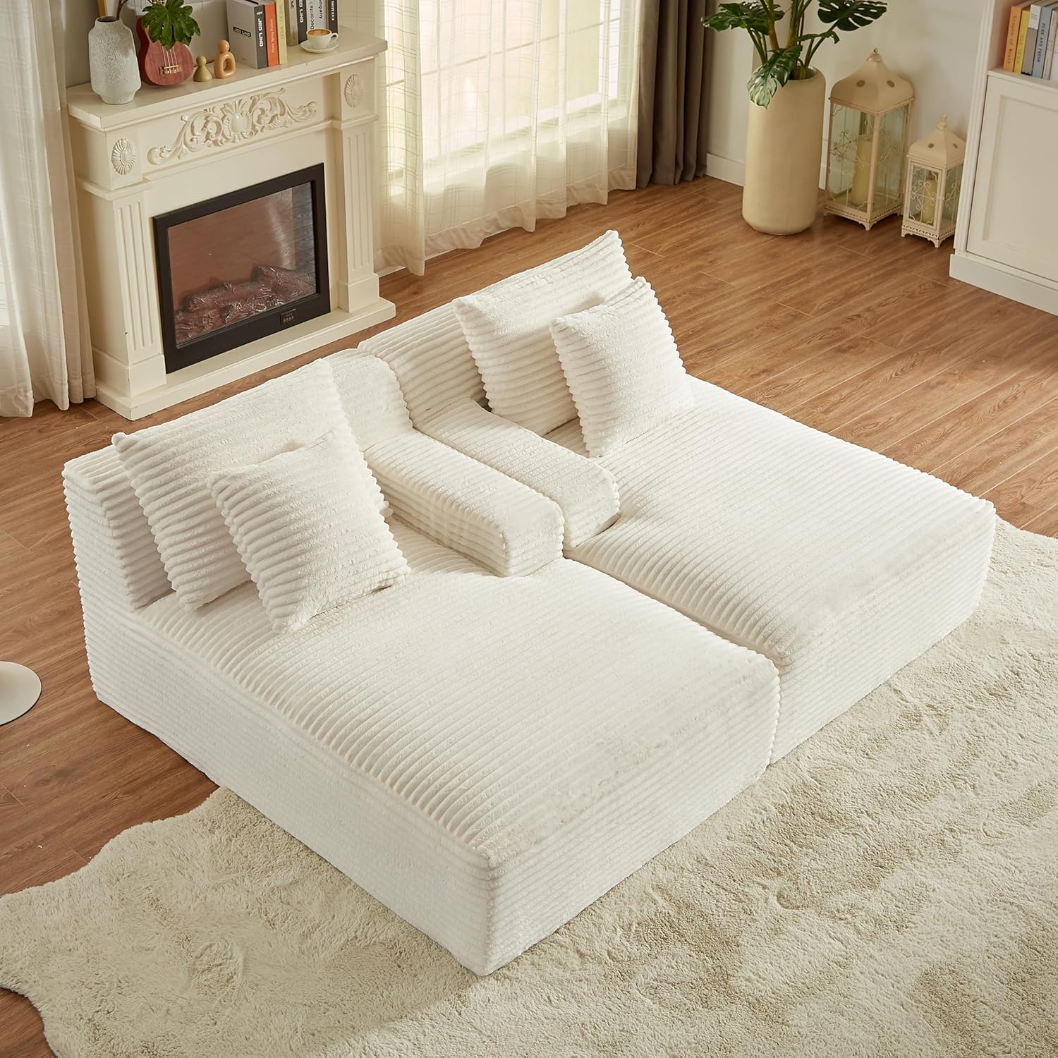 Oversized Double Chaise Lounge Loveseat Cozy Cloud Couch, Fluffy Corduroy Upholstered Sleeper Sectional Sofa Lounger Daybed with Throw Pillows and Wide Armrest for Living Room, No Assembly Required