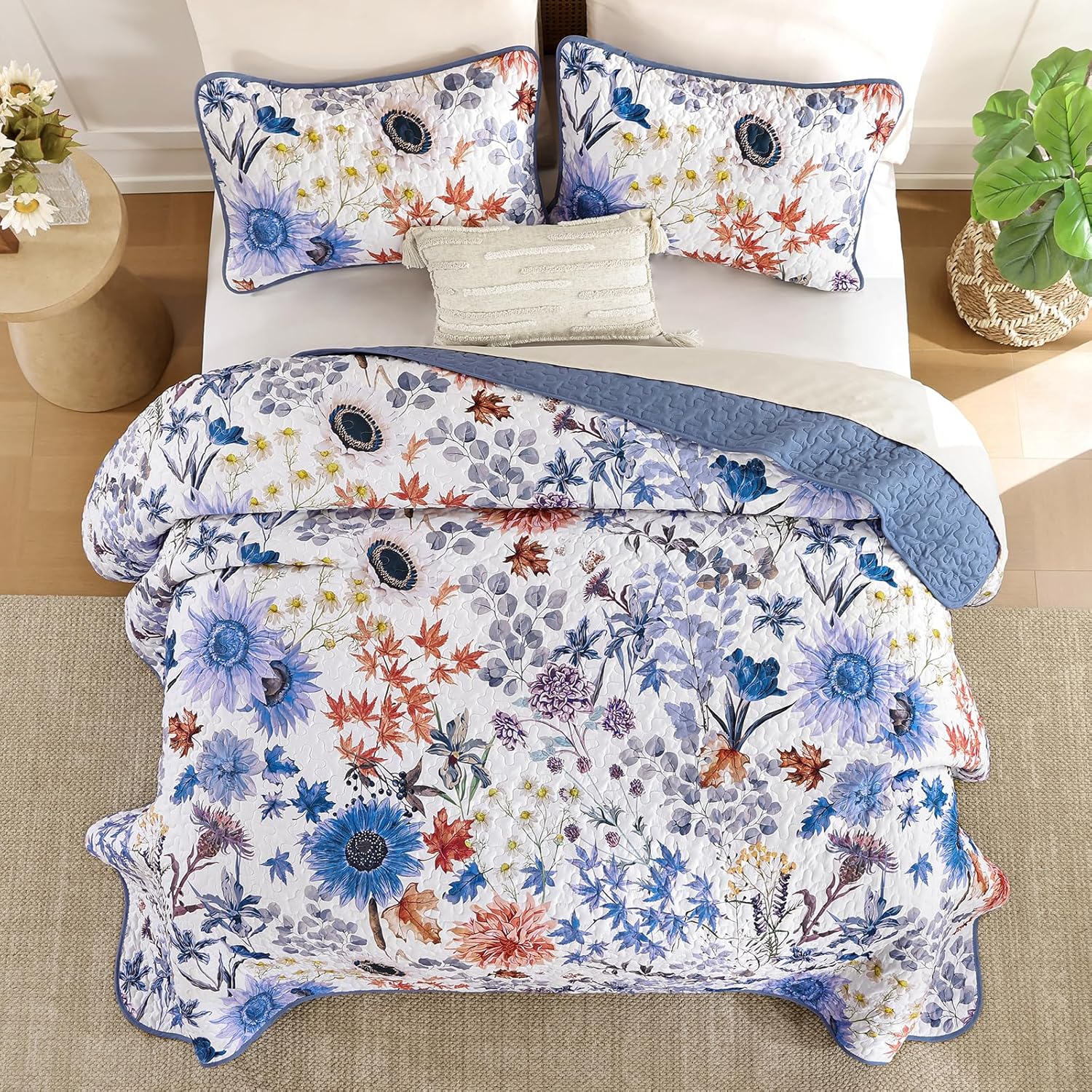 Yiran Blue Floral Quilt Set Queen Size, Spring Summer Sunflower Botanical Bedspread Bedding Set, 3 Pieces Soft Lightweight Microfiber Coverlet with 2 Pillow Shams for All Season 96x90 Inch - Image 4