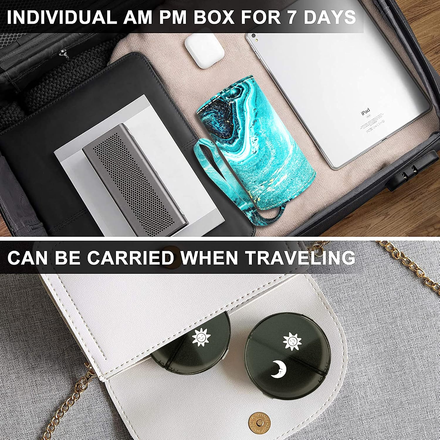 Hennaja Weekly Pill Organizer 2 Times a Day, Large 7 Day Pill Box with PU Case AM PM Pill Box Daily Pill Cases Medicine Box(1-Blue Quicksand)