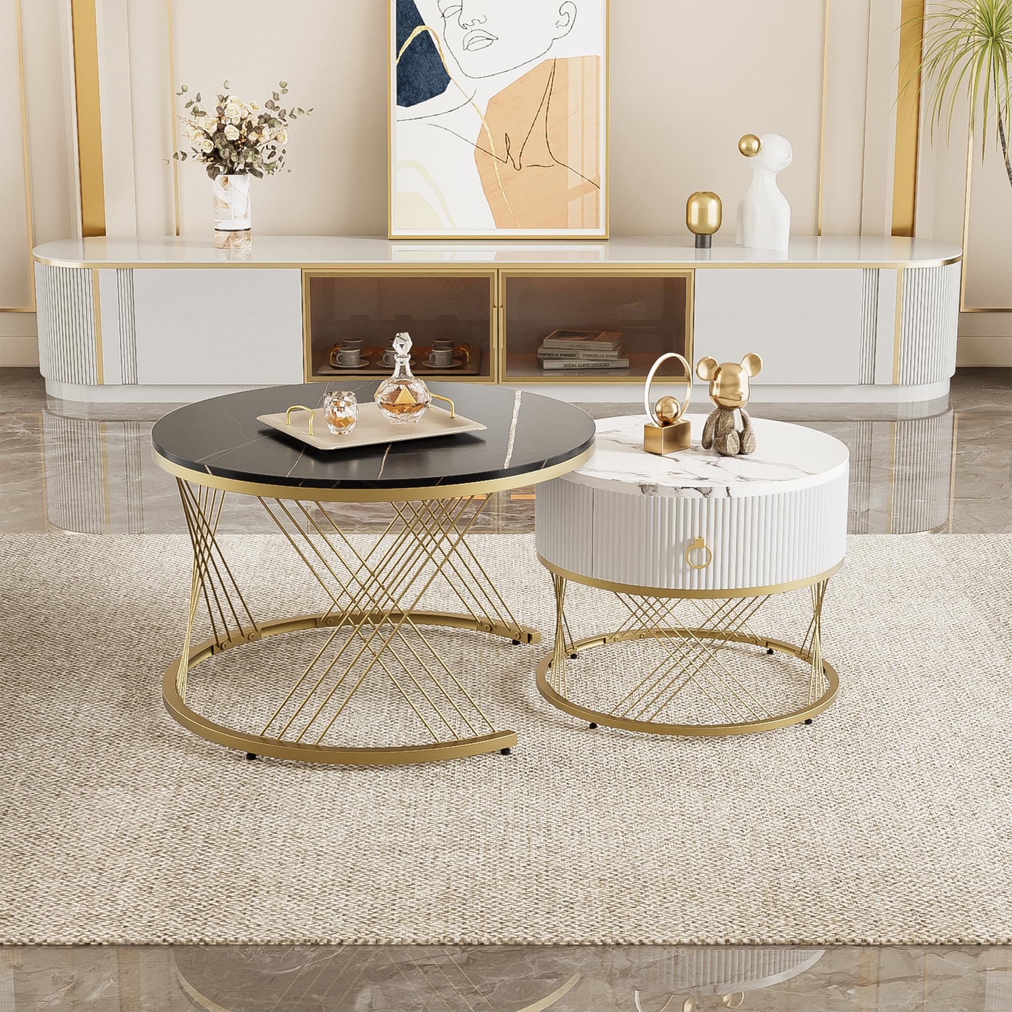 ModernLuxe 2-in-1 MDF Coffee Tables for Living Room, Round Coffee Table with Marble Exterior, Gold Accents, Side Table with Drawer, Modern Nest of Tables for Saving Space, Black and White — image 1