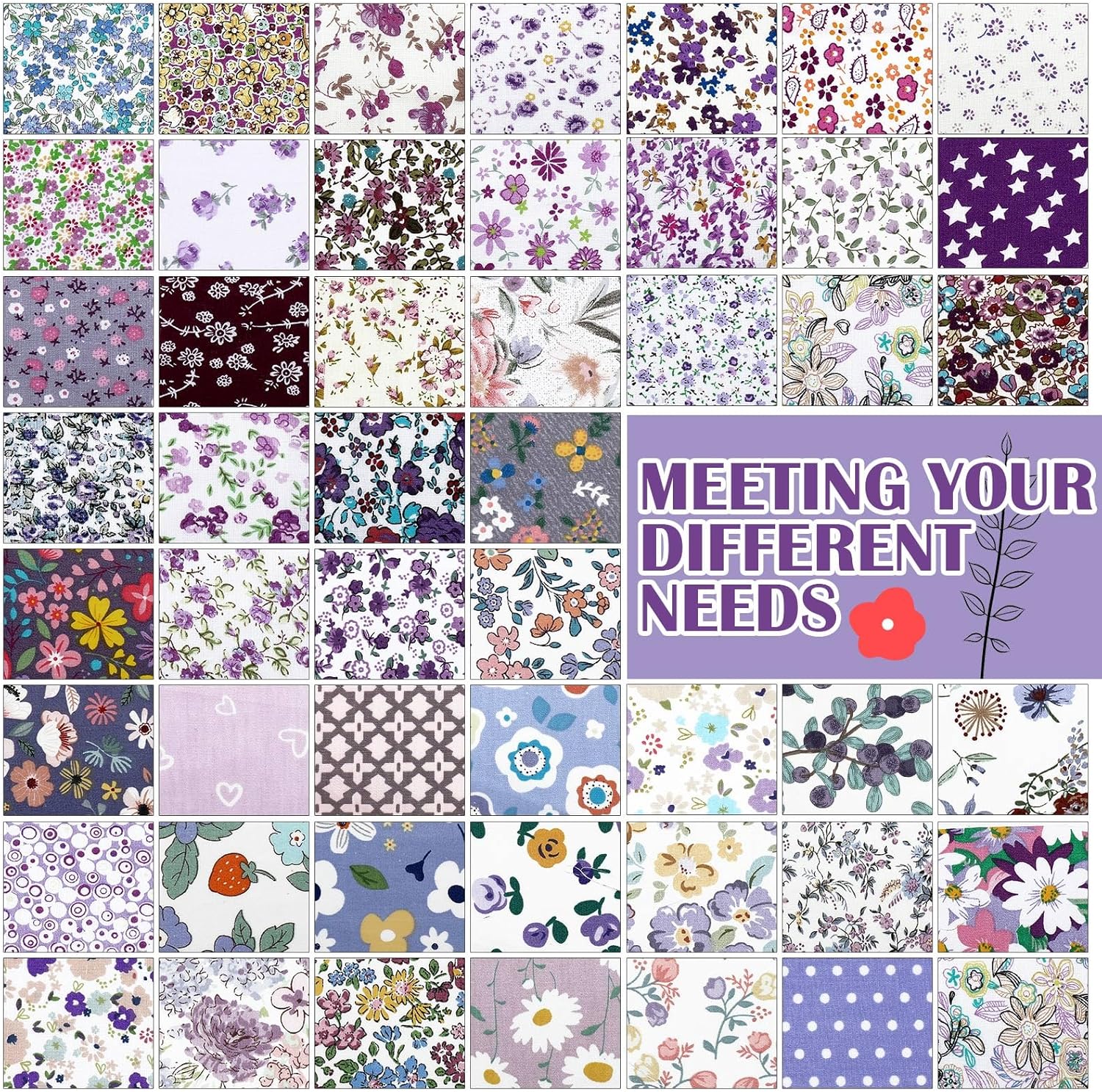 Kinlop 600 Pcs 4 x 4 Inch Cotton Fabric Square Precut Quilting Squares Printed Floral Patchwork Fabric Bundles for Spring DIY Craft Sewing Clothing Accessory(Purple)