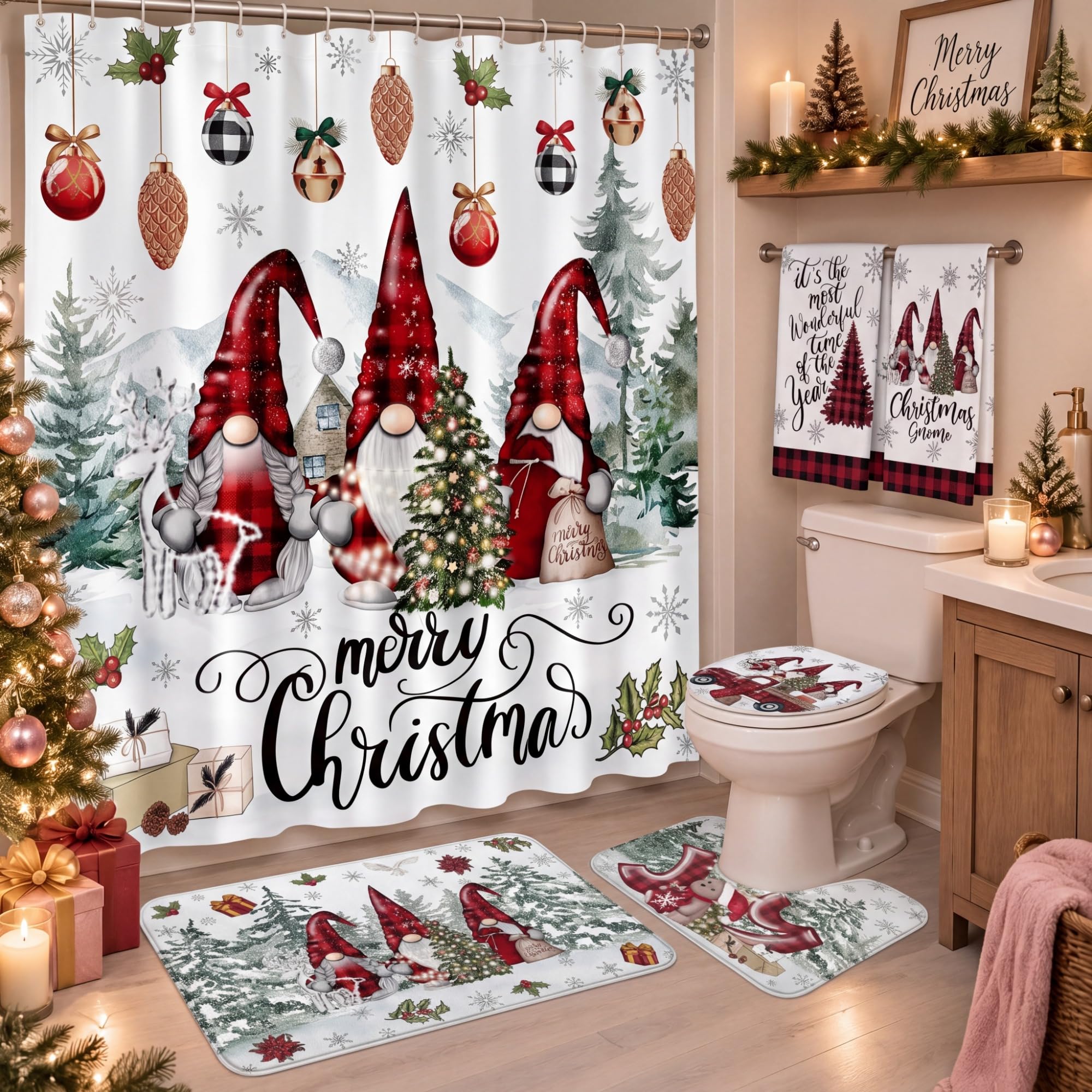 HunnmingRe 6 Pcs Christmas Bathroom Decor Winter Gnome Shower Curtain Sets