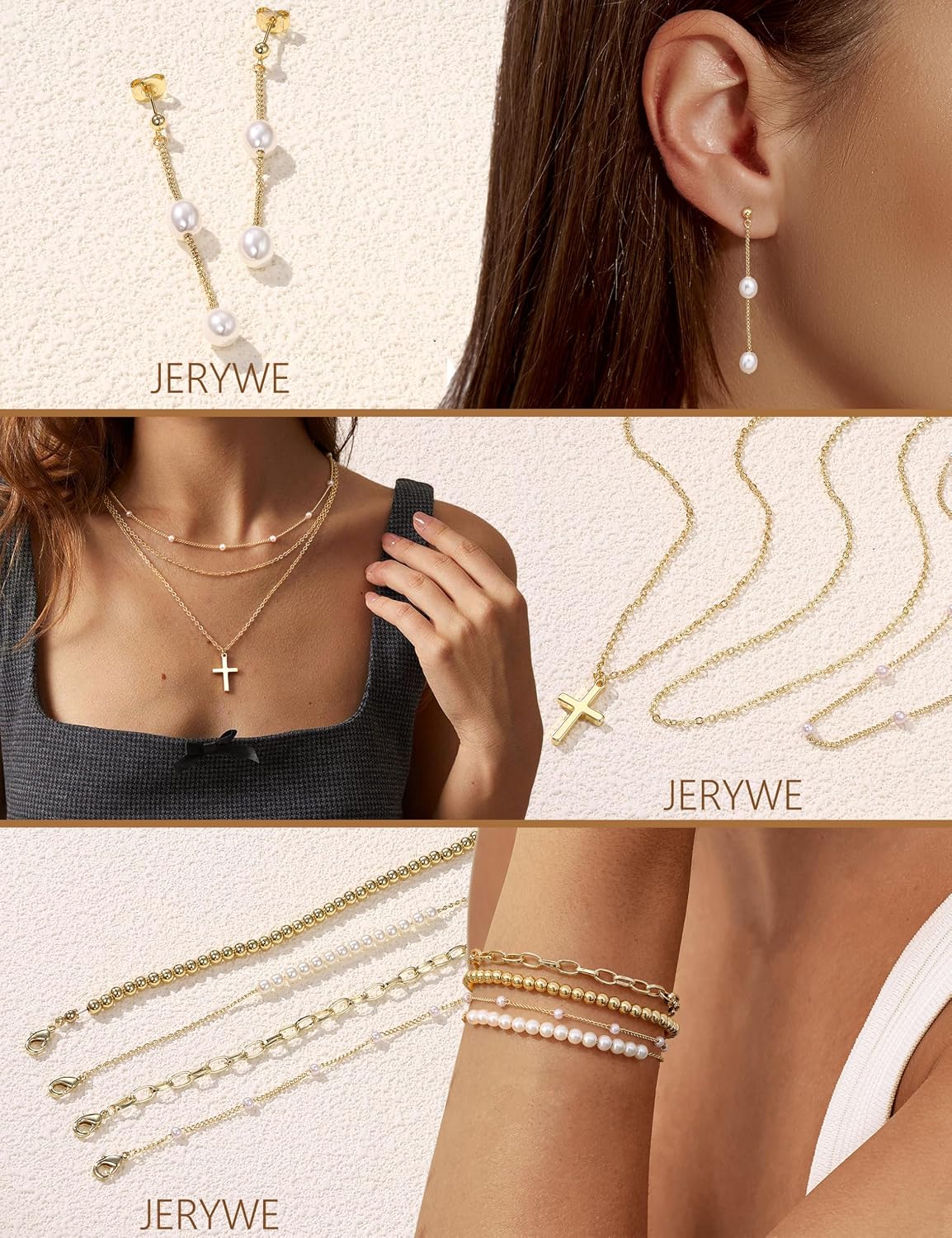 JeryWe Gold Jewelry Set for Women 14K Gold Plated Layered Pearl Choker Necklace and Drop Earrings Set Adjustable Bracelets Pearl/Cross/CZ Choker Necklace Dainty Wedding Jewelry Sets for Brides