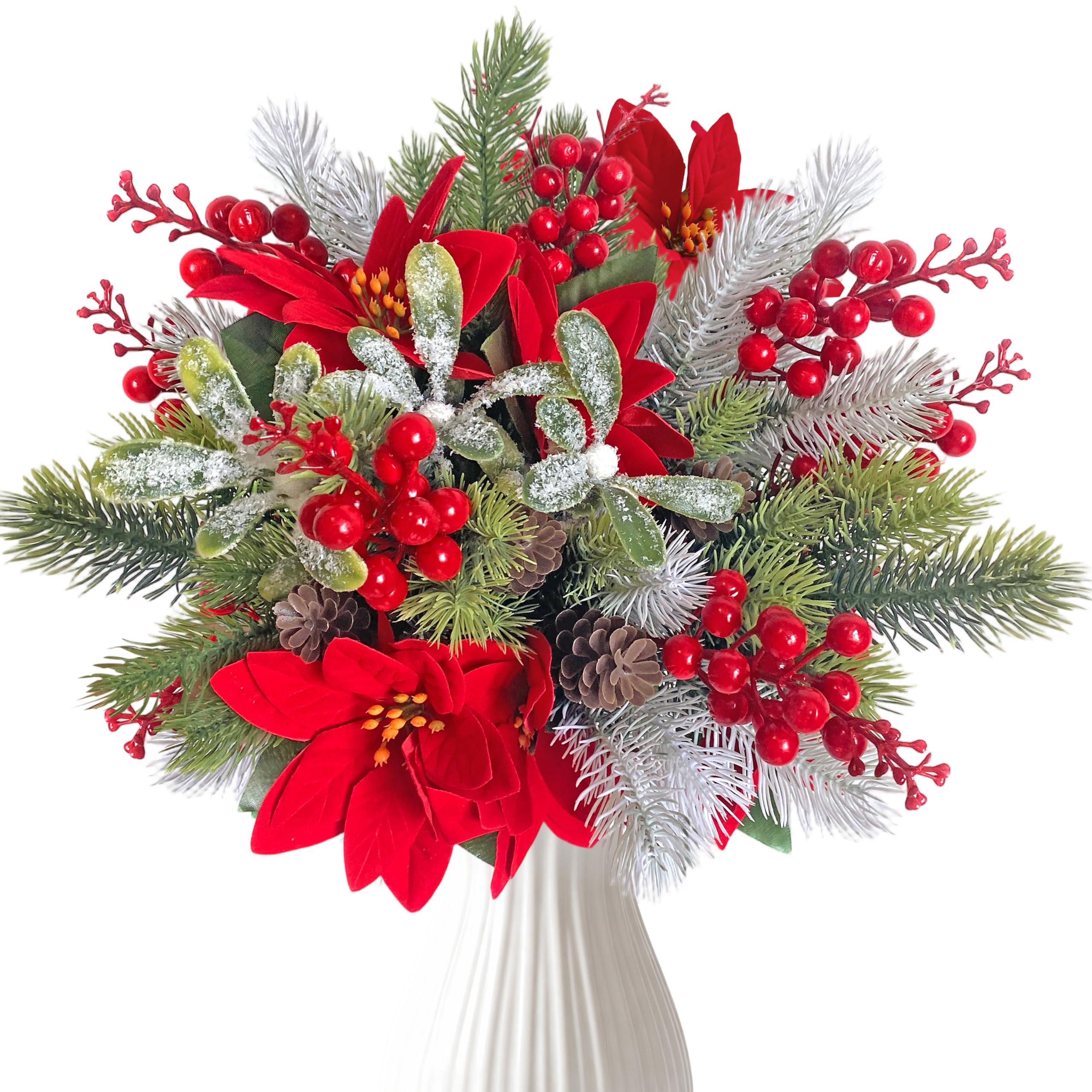 5 Artificial Christmas Flowers bouquet with Poinsettia and pine cone stems — image 1
