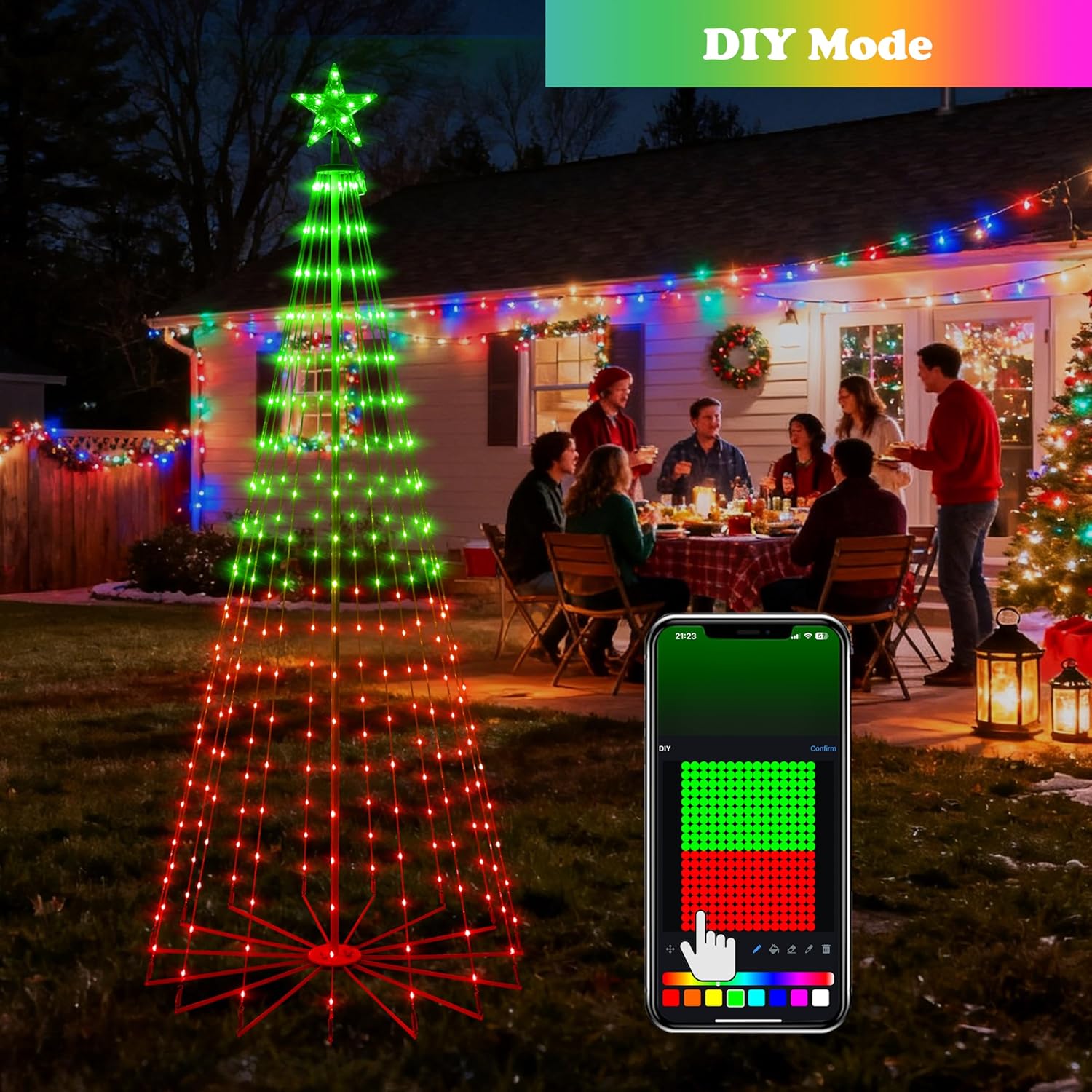 7FT Lighted Outdoor Christmas Tree, 295 LED Smart Cone Tree, Music Sync RGB Fairy Lights, LED Light Show, APP and Remote Control, Timer Function, Perfect for Outdoor Christmas Decorations
