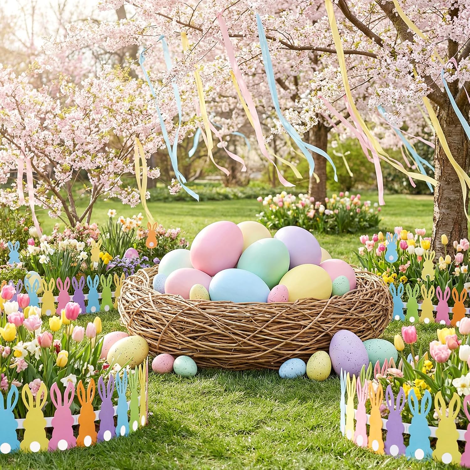 4 Pcs Easter Bunny Wooden Fence Decor Pastel Bunny Fence 13.8 H x 63 L Landscape Edging Border, Garden Ornamental Border Panels for Home School Lawn Flower Beds Pathways Outdoor(Cute)