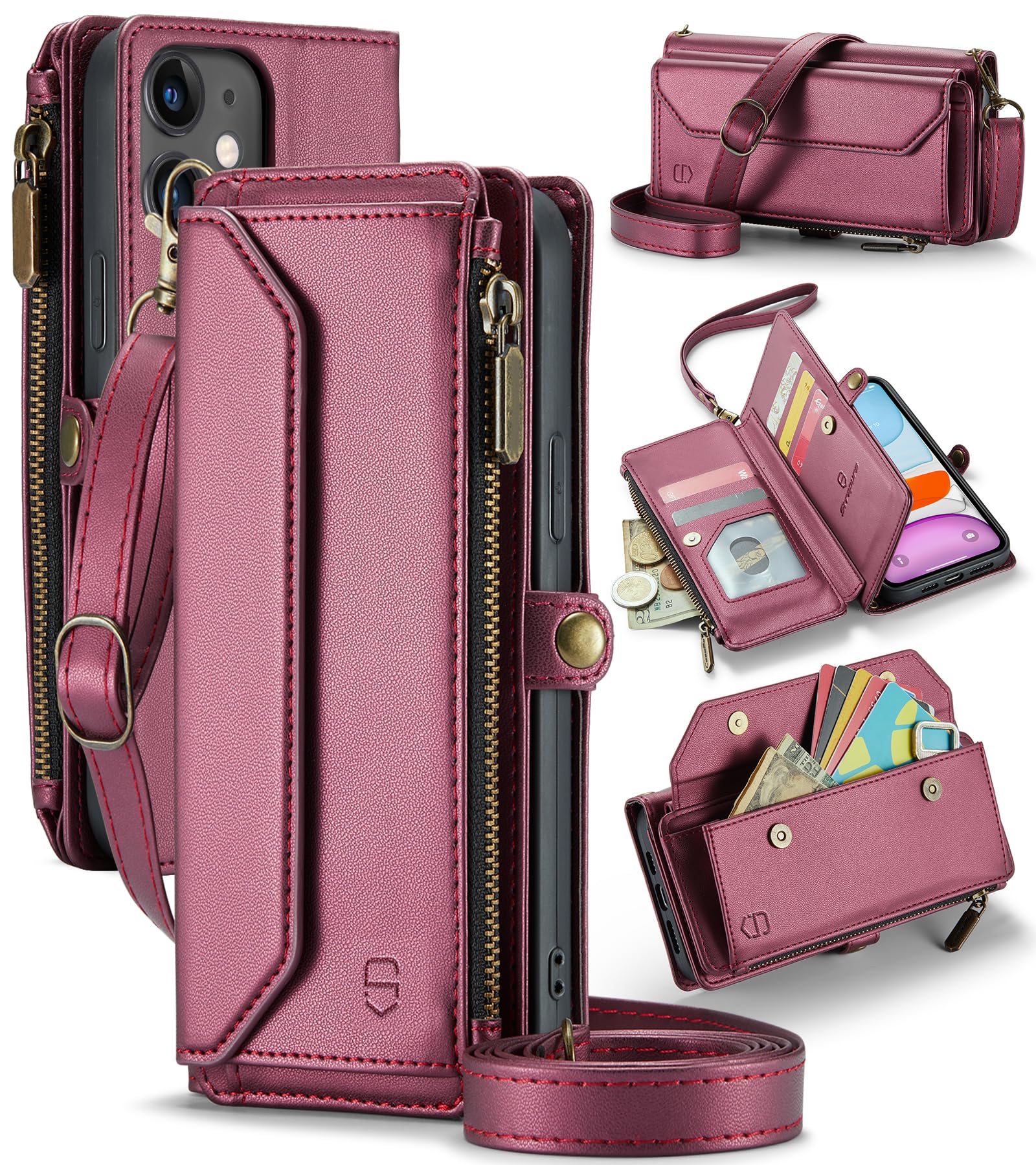 Strapurs Crossbody for iPhone 11 Wallet Case?RFID Blocking? with 7-Card Holder Zipper Bills Slot, Soft PU Leather Magnetic Wristlet Shoulder Strap for iPhone 11 Phone Case Wallet for Women,Wine Red