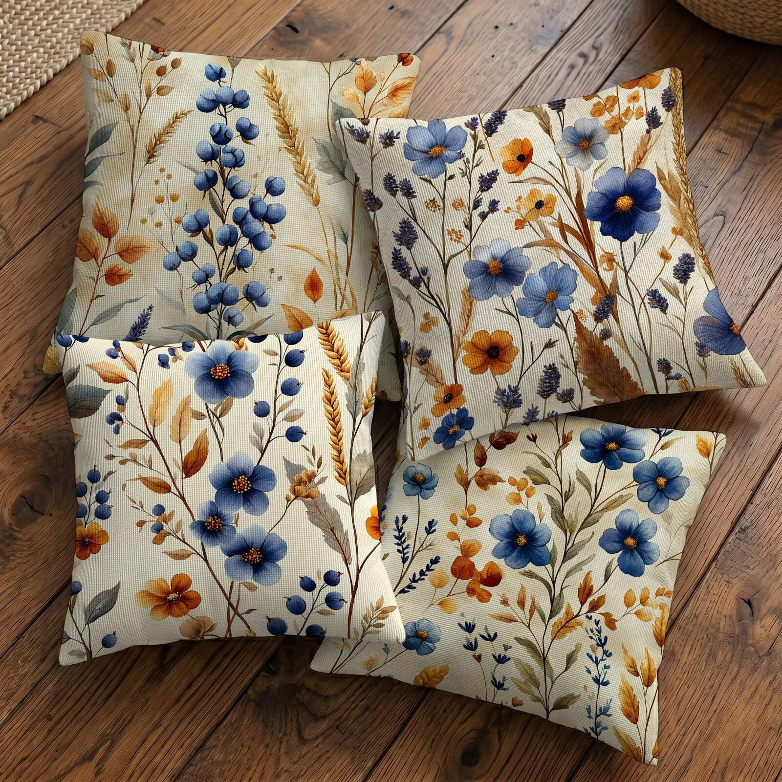 Fundas de Cojines Impermeables para Exterior Rural Funda Cojin 55x55 cm Juego de 4 Cuadradas Lino Funda de Almohada Decorativas para Sofá Terraza Silla Jardín Cojines Decorativos (Flor) L-O499