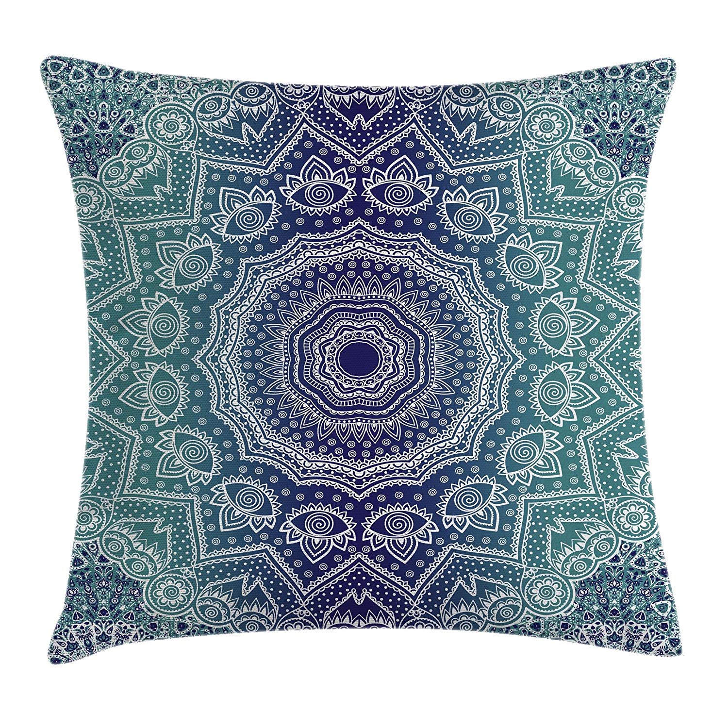 Navy and Teal Throw Pillow Cushion Cover, Cosmic Diagram Art Mandala Circle Religion Ethnic Ombre Art Illustration, Decorative Square Accent Pillow Case, Dark Blue Teal 20x20 inches