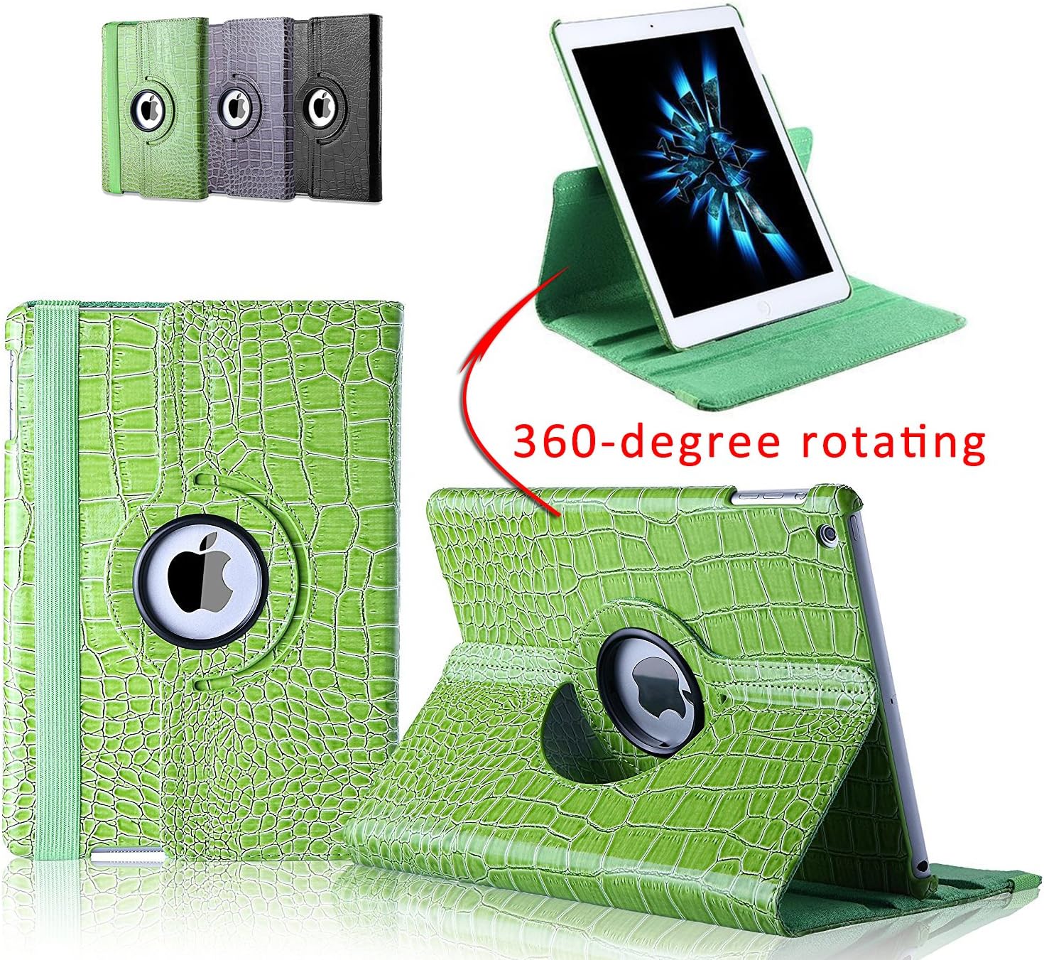 Kricson with Auto Sleep / Wake Feature Stand Case Cover for iPad Air / iPad 5 Crocodile Alligator Leather 360 Degree Rotating Leather Case (Green)