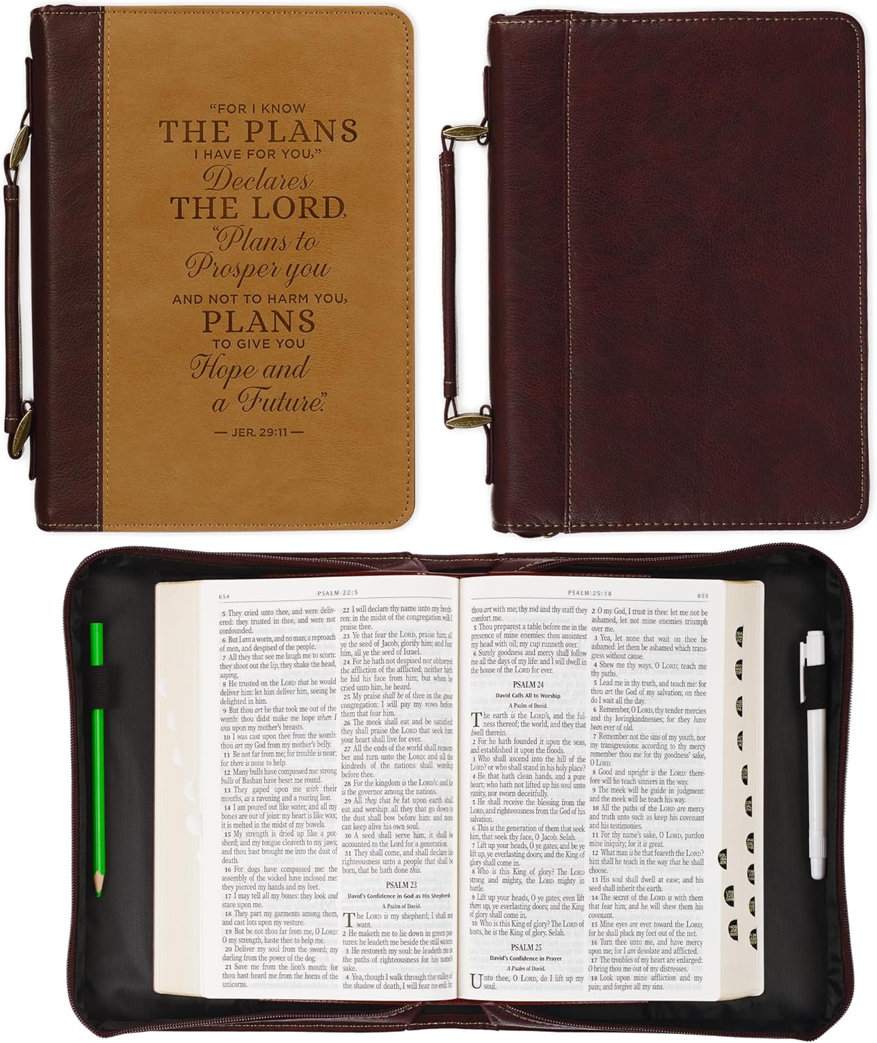 Christian Art Gifts Classic Vegan Leather Bible Cover for Men & Women: Hope & Future Encouraging Scripture Verse, Debossed Design, Sturdy Easy Carry Case, Pockets, Pen Loops Storage, Brown/Tan, XL