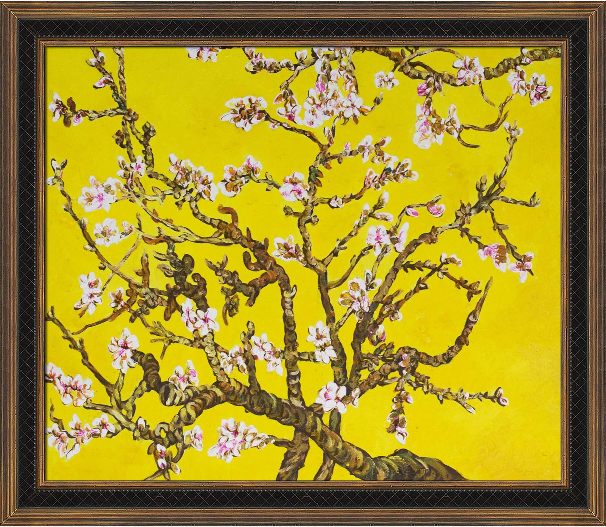 La Pastiche VG2347-FR-M8058820X24 Framed Oil Painting Almond Tree in Blossom, Citrine Yellow Hand Painted Original by with Cottage Oak Frame